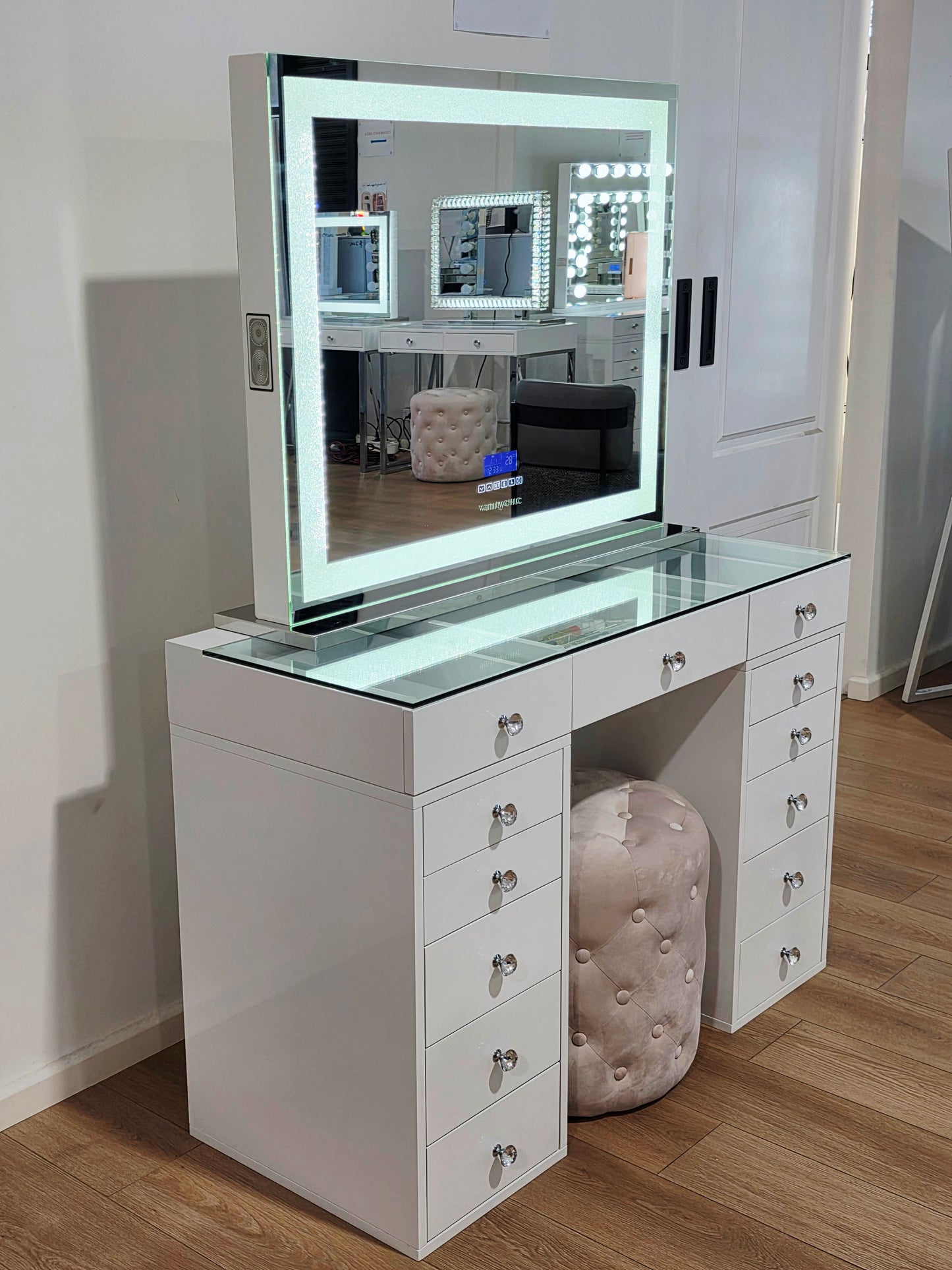 HIGH QUALITY - Mini Mila Rose Beauty Station + XL Crystal Hollywood Makeup Mirror with Bluetooth Speakers/Tri-Lighting + Alexa Pink Ottoman