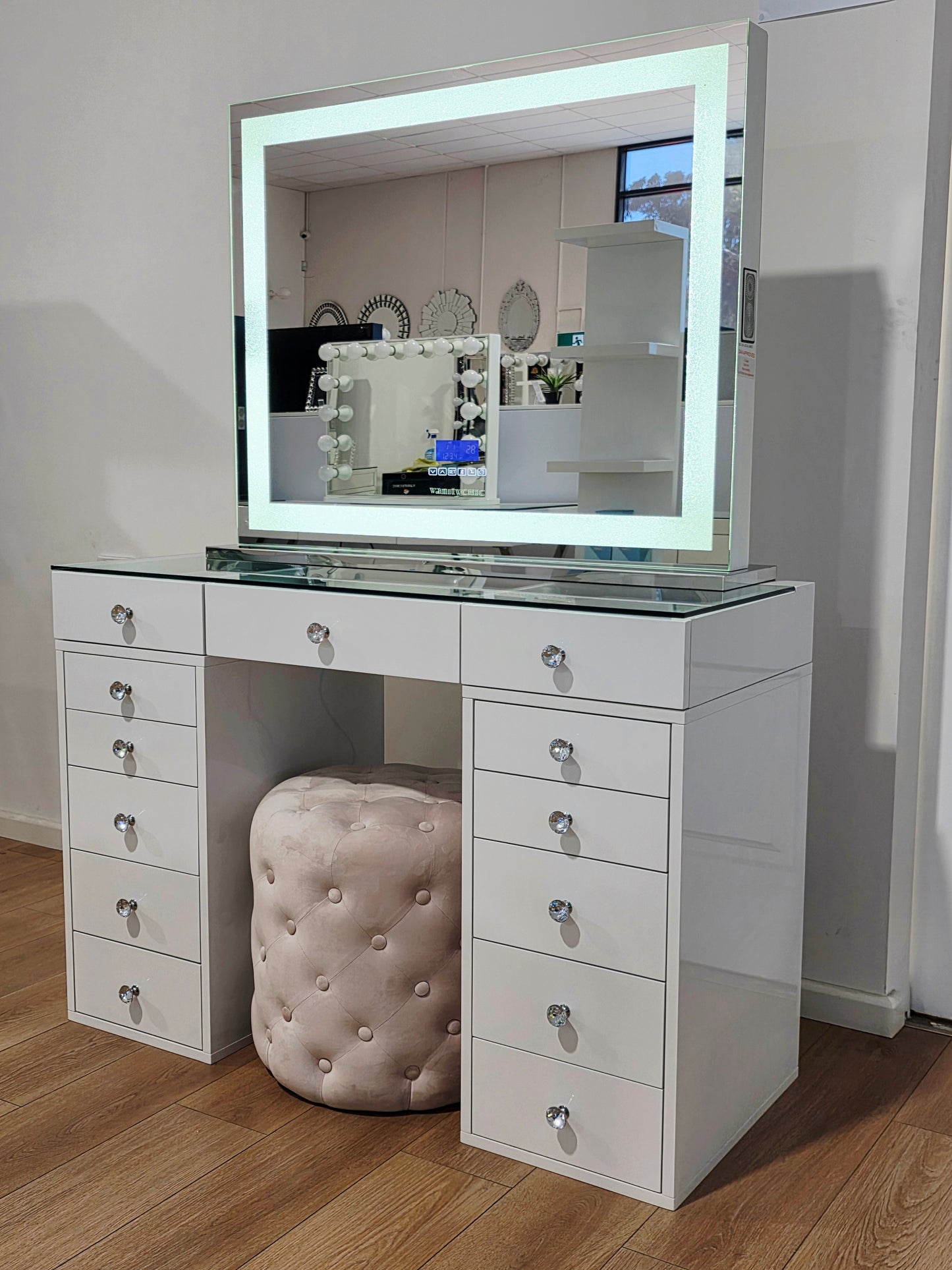 HIGH QUALITY - Mini Mila Rose Beauty Station + XL Crystal Hollywood Makeup Mirror with Bluetooth Speakers/Tri-Lighting + Alexa Pink Ottoman