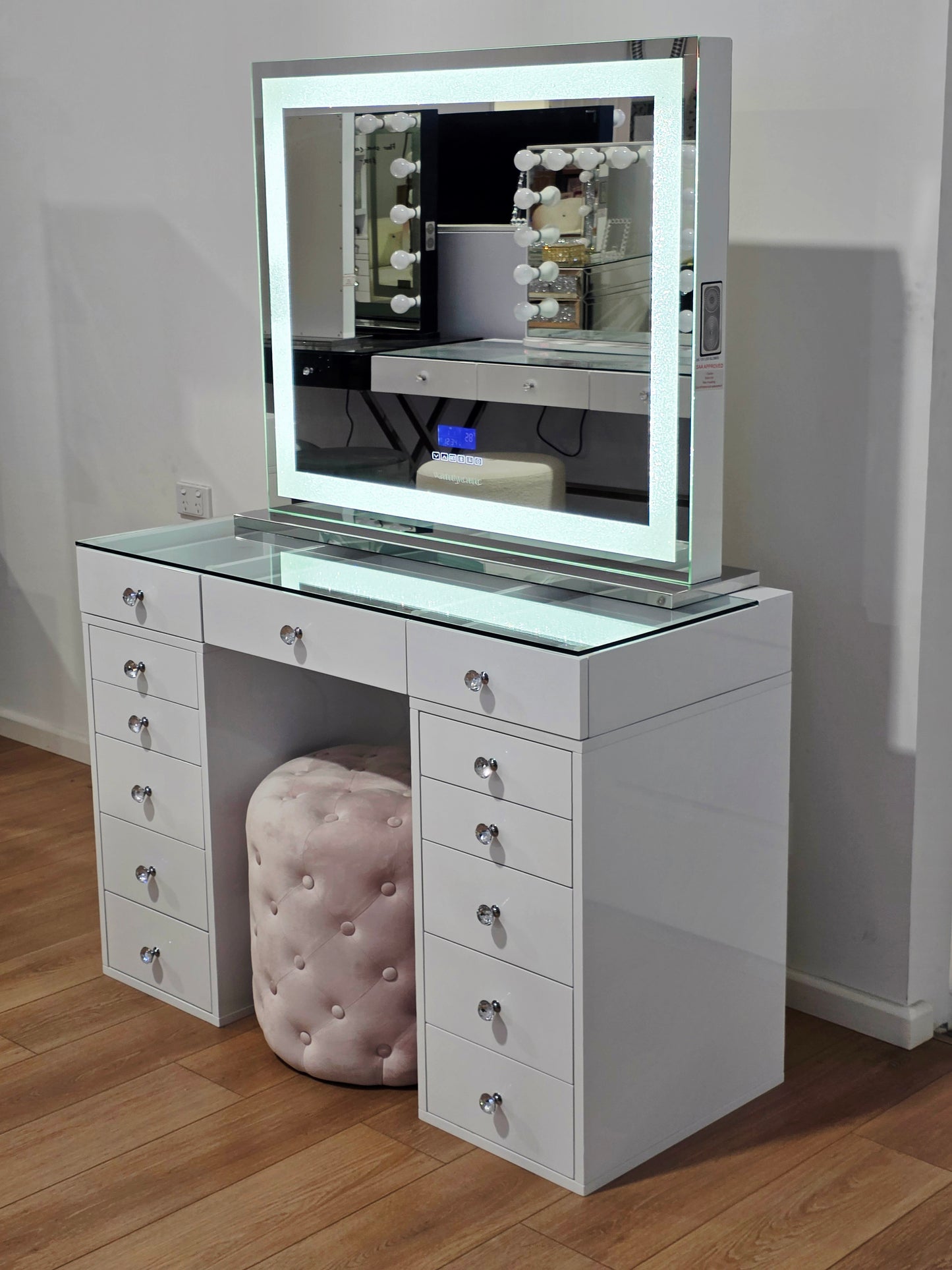 HIGH QUALITY - Mini Mila Rose Beauty Station + XL Crystal Hollywood Makeup Mirror with Bluetooth Speakers/Tri-Lighting + Alexa Pink Ottoman