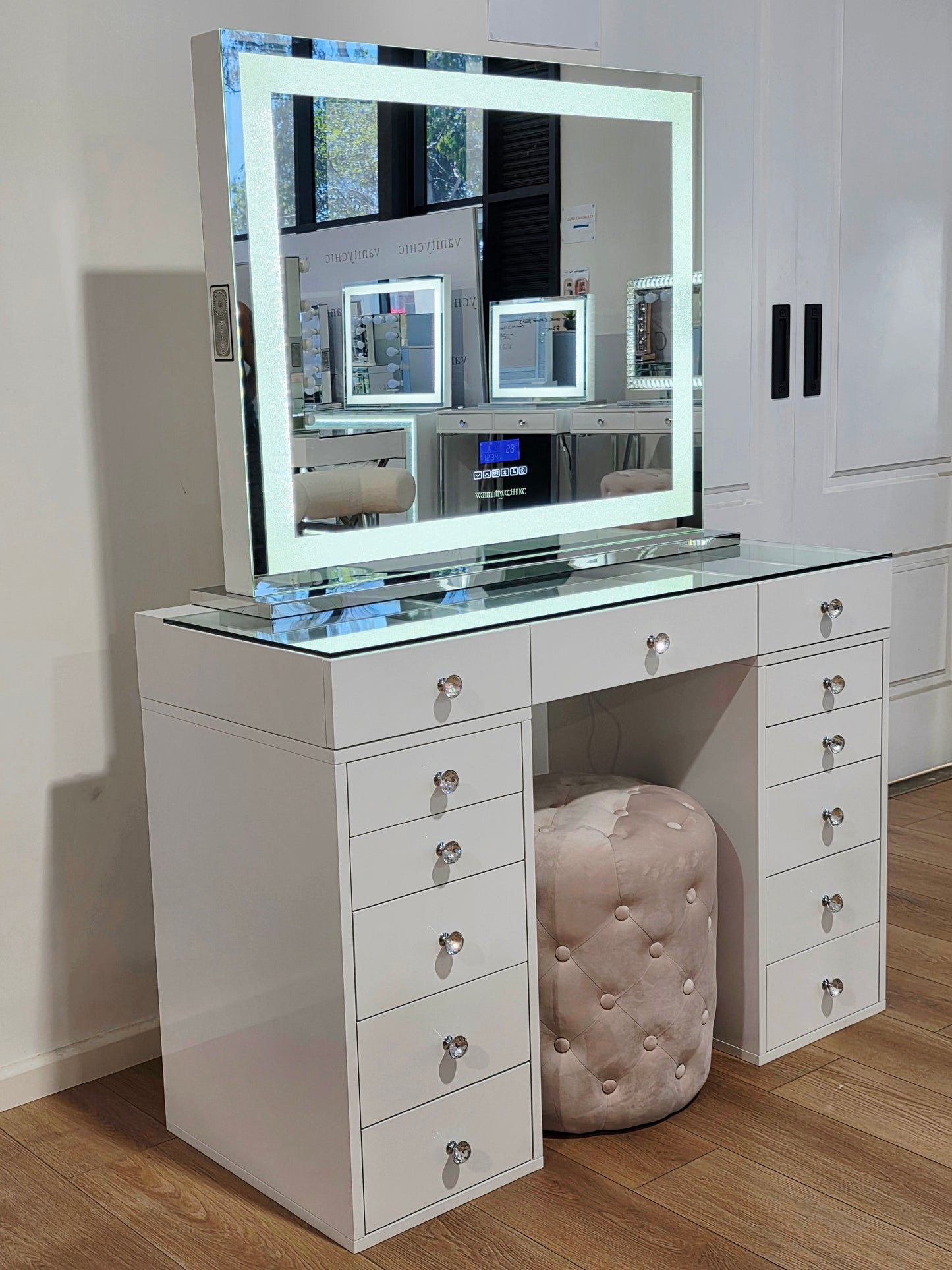 HIGH QUALITY - Mini Mila Rose Beauty Station + XL Crystal Hollywood Makeup Mirror with Bluetooth Speakers/Tri-Lighting + Alexa Pink Ottoman