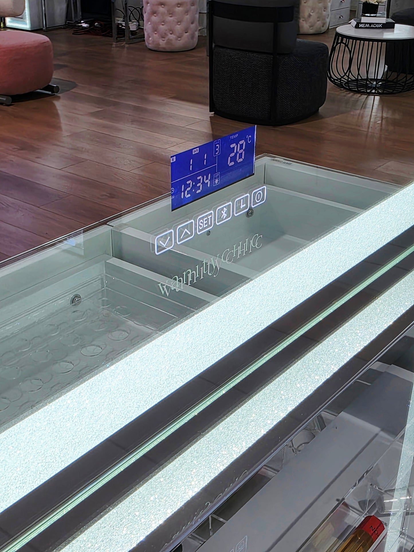 HIGH QUALITY - Mini Mila Rose Beauty Station + XL Crystal Hollywood Makeup Mirror with Bluetooth Speakers/Tri-Lighting + Alexa Pink Ottoman