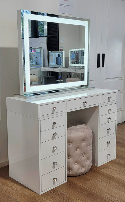 HIGH QUALITY - Mini Sunday Rose Beauty Station + XL Crystal Makeup Mirror with Tri-Lights + Alexa Pink Ottoman