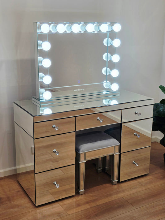 Clearance - Mirrored Vanity Package (includes 7 Drawers Mirrored Table, Large Venus Makeup Mirror with Tri-Lighting and Mirrored Stool)