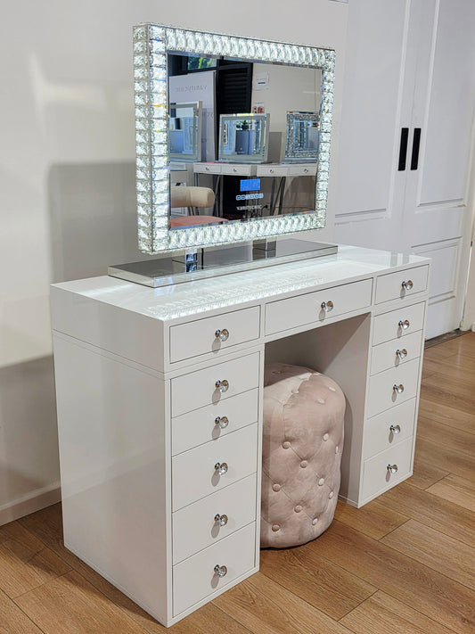 HIGH QUALITY - Mini Sunday Rose Beauty Station + Large DiamondX Makeup Mirror with Bluetooth Speakers/Tri-Lighting + Alexa Pink Ottoman
