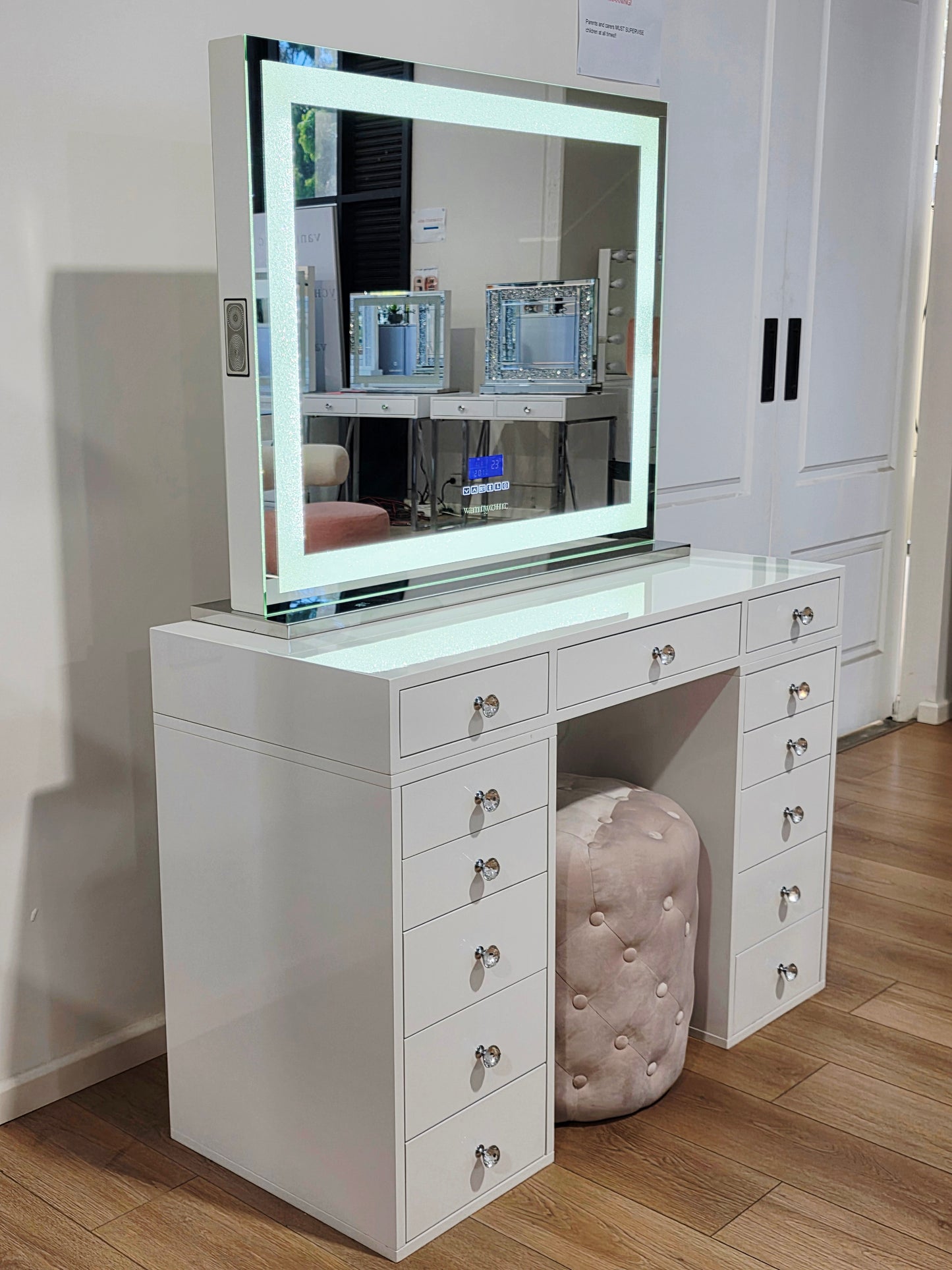 HIGH QUALITY - Mini Sunday Rose Beauty Station + XL Crystal Hollywood Makeup Mirror with Bluetooth Speakers/Tri-Lighting + Alexa Pink Ottoman