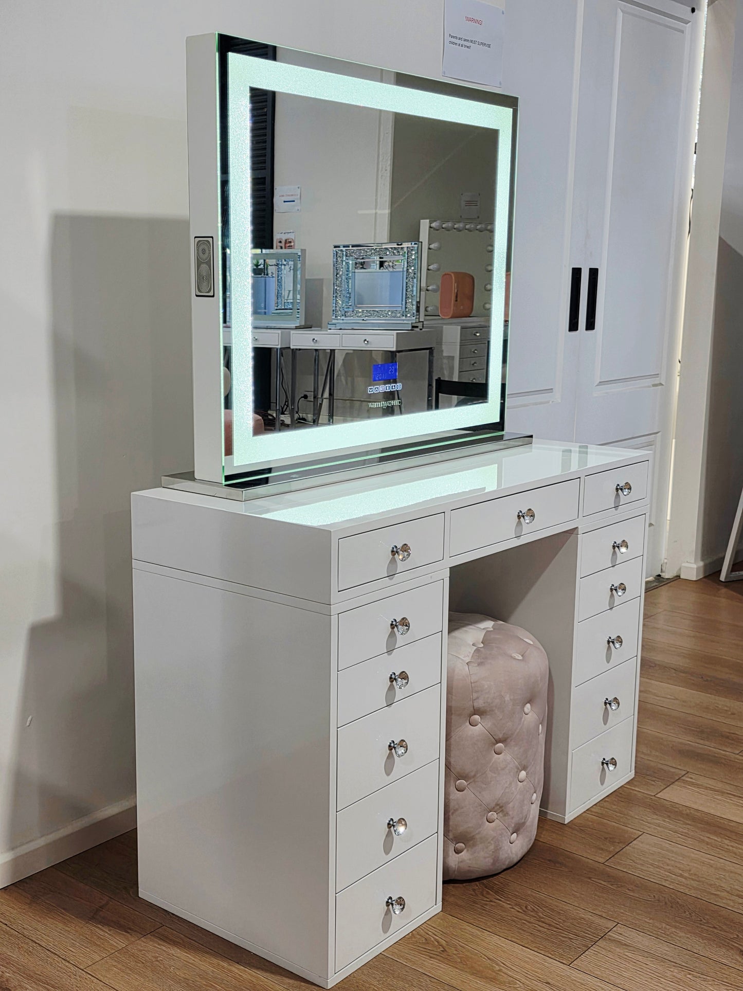 HIGH QUALITY - Mini Sunday Rose Beauty Station + XL Crystal Hollywood Makeup Mirror with Bluetooth Speakers/Tri-Lighting + Alexa Pink Ottoman