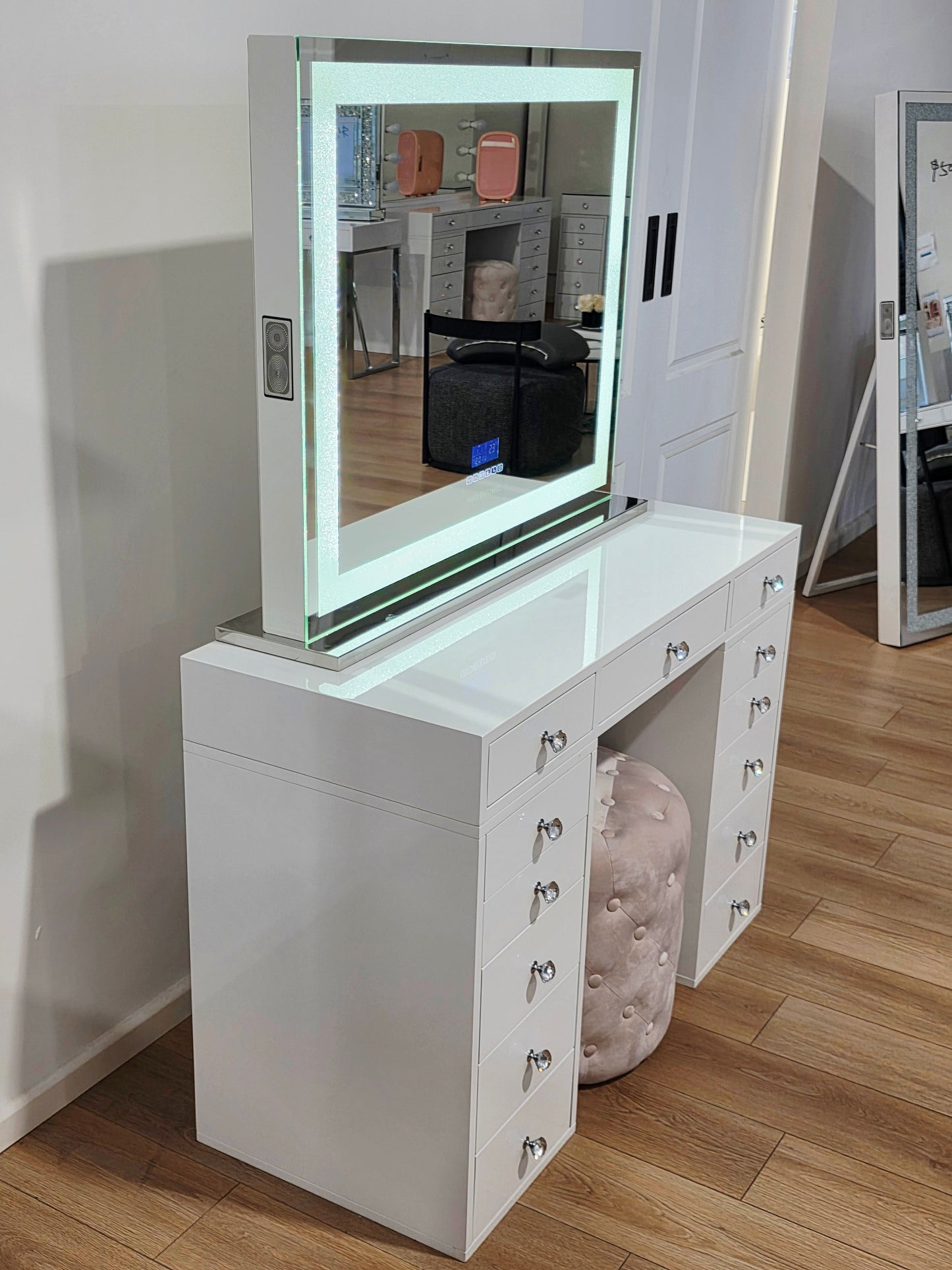 HIGH QUALITY - Mini Sunday Rose Beauty Station + XL Crystal Hollywood Makeup Mirror with Bluetooth Speakers/Tri-Lighting + Alexa Pink Ottoman