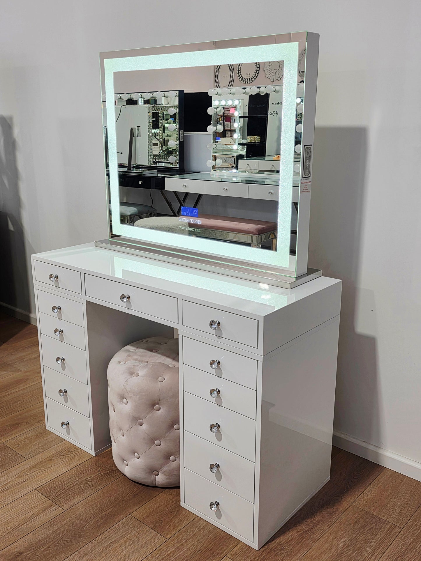 HIGH QUALITY - Mini Sunday Rose Beauty Station + XL Crystal Hollywood Makeup Mirror with Bluetooth Speakers/Tri-Lighting + Alexa Pink Ottoman