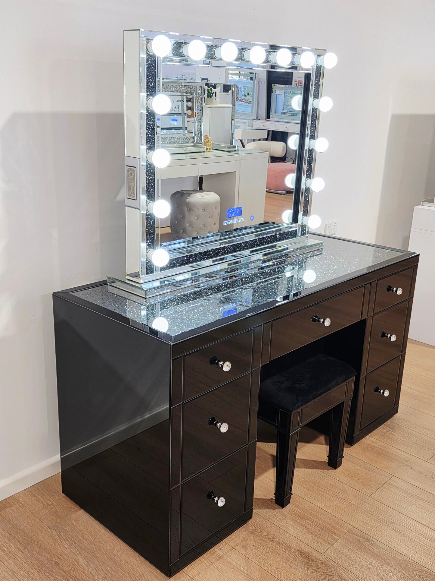 Package Sale: 7 Drawers Mirrored Black Makeup Dressing Table with Crystal Top + XL Shine Makeup Mirror with Bluetooth Speakers + Black Mirrored Stool