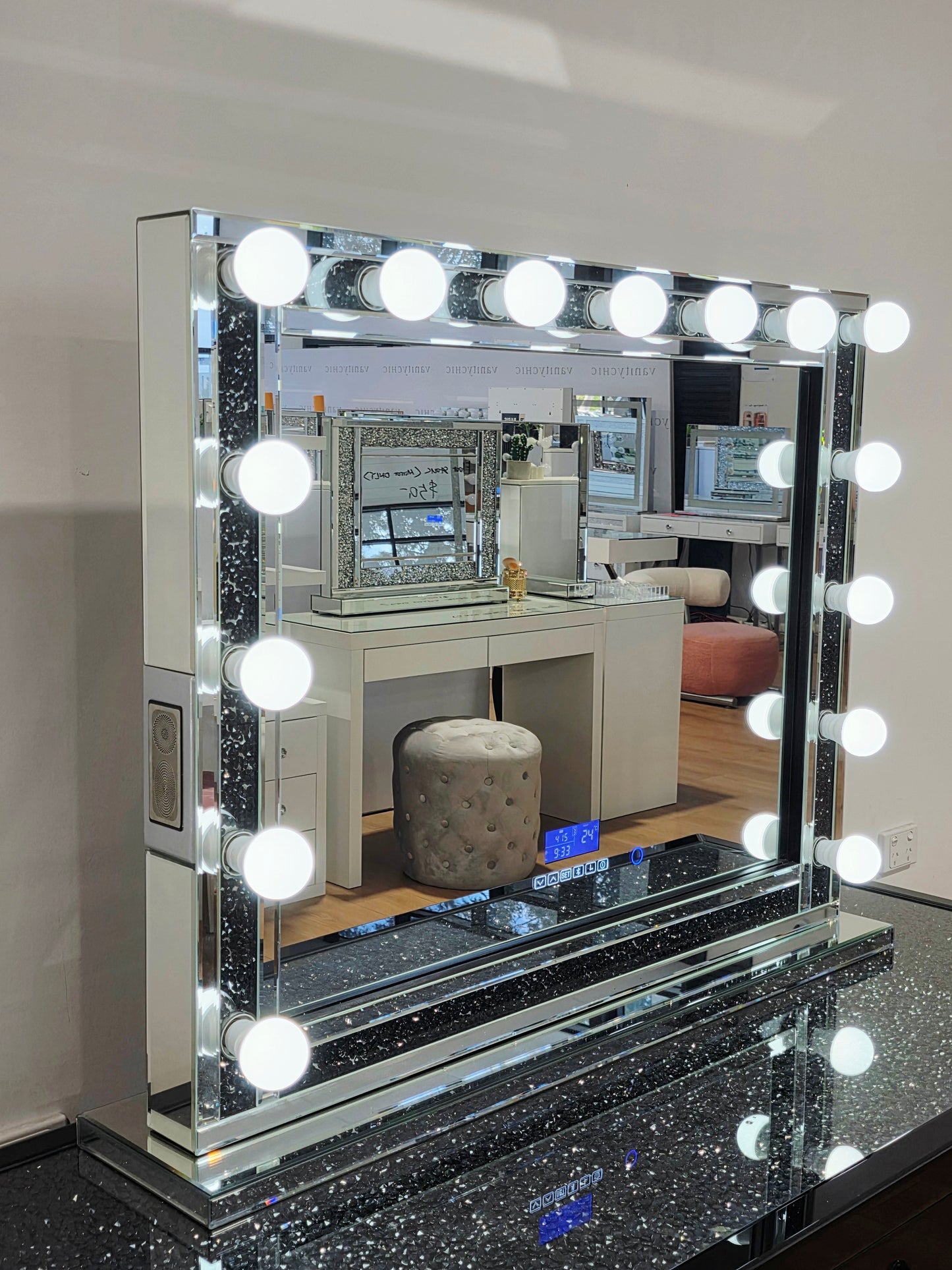 Package Sale: 7 Drawers Mirrored Black Makeup Dressing Table with Crystal Top + XL Shine Makeup Mirror with Bluetooth Speakers + Black Mirrored Stool