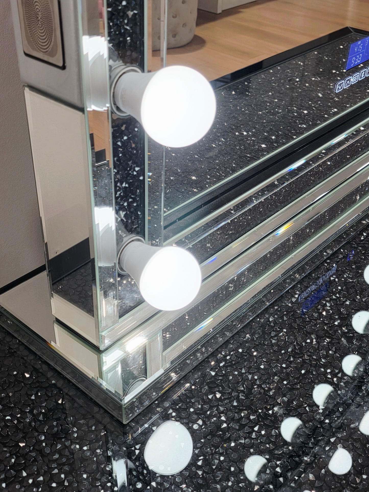 Package Sale: 7 Drawers Mirrored Black Makeup Dressing Table with Crystal Top + XL Shine Makeup Mirror with Bluetooth Speakers + Black Mirrored Stool