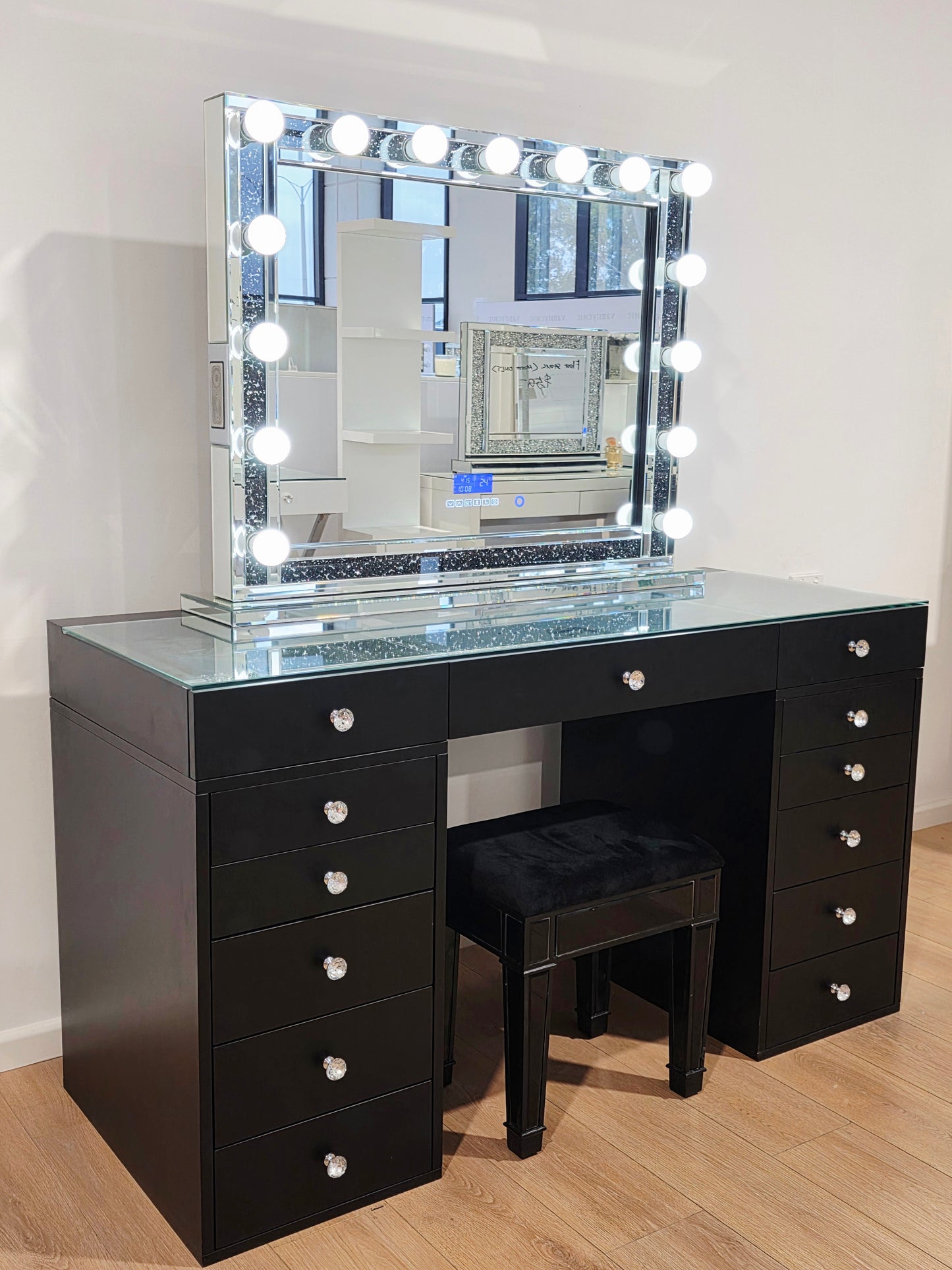 High Quality - Mila Rose Beauty Station + XL Shine Makeup Mirror with Bluetooth Speakers + Black Mirrored Stool