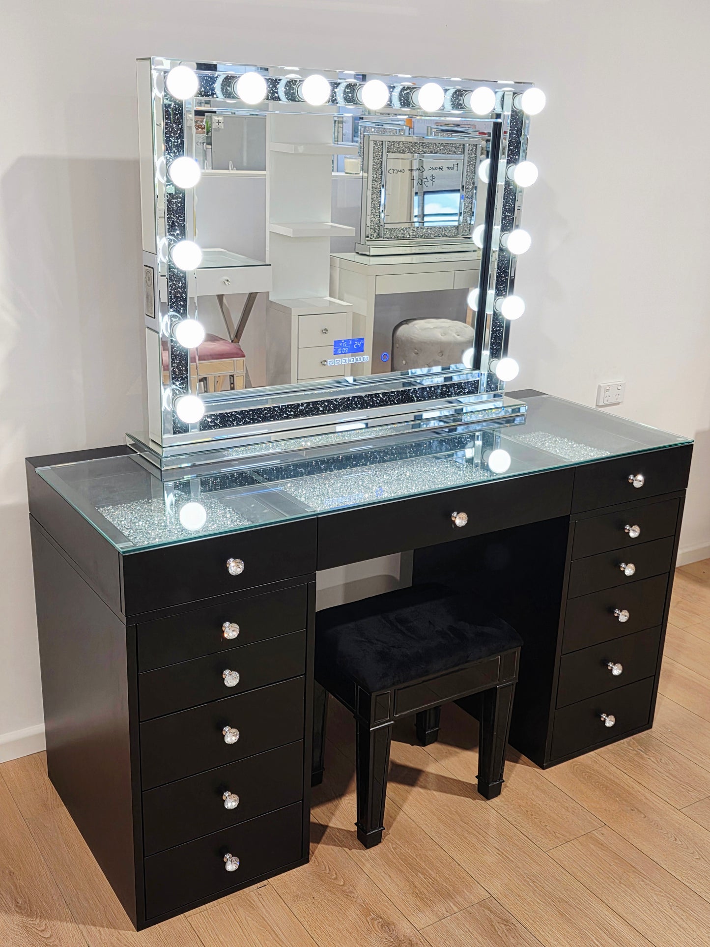 High Quality - Mila Rose Beauty Station + XL Shine Makeup Mirror with Bluetooth Speakers + Black Mirrored Stool