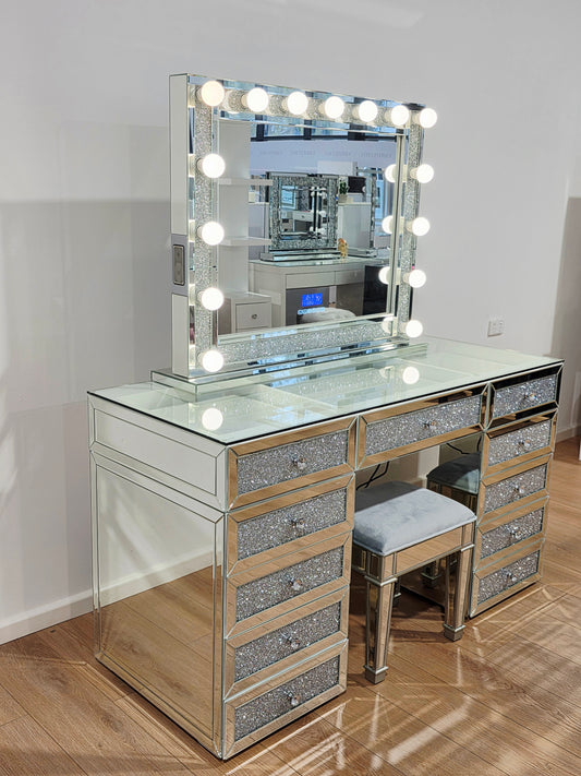 HIGH QUALITY - L150cm Crushed Diamond Beauty Station + XL Shine Makeup Mirror with Bluetooth Speakers + Mirrored Stool