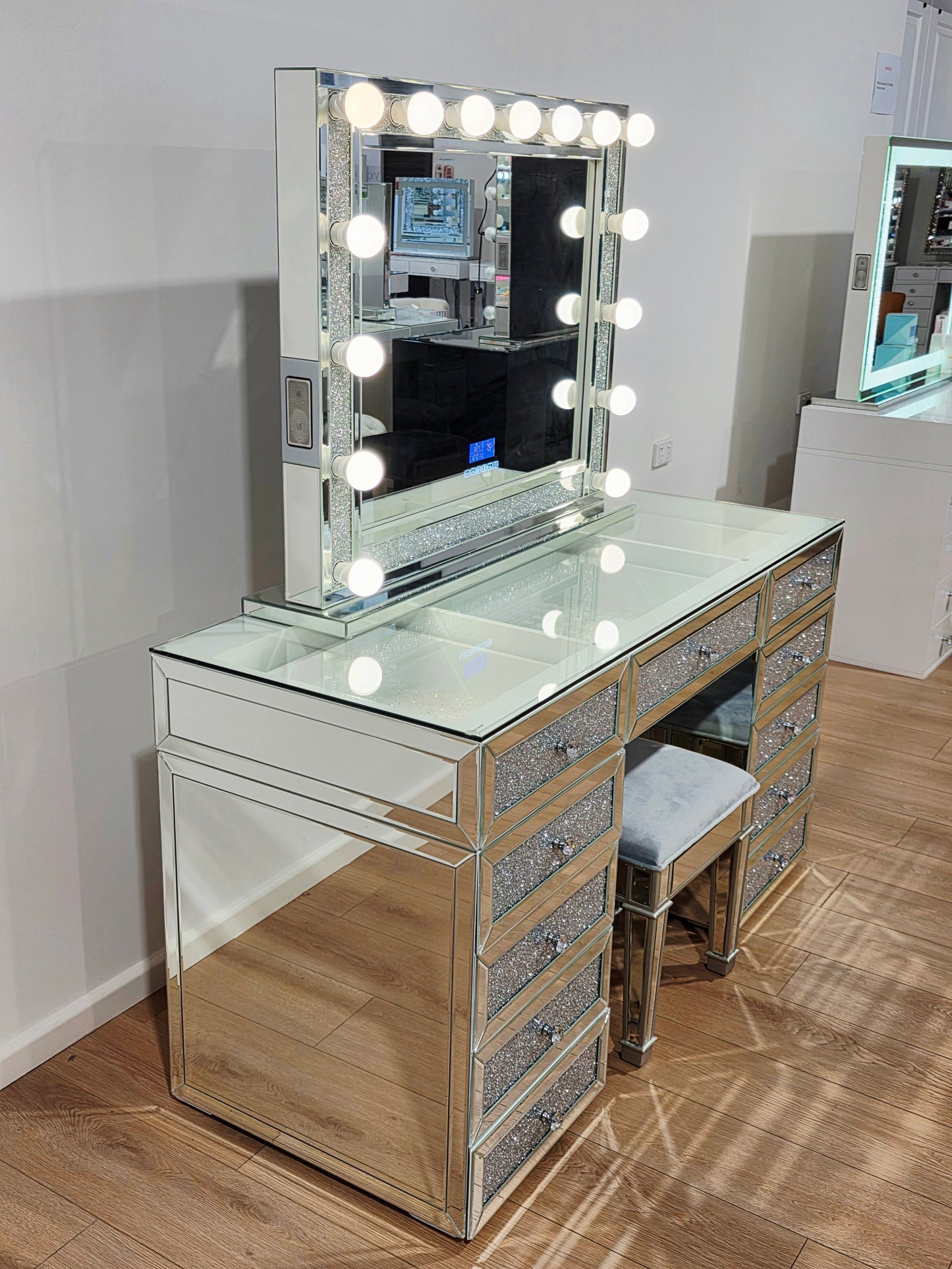 HIGH QUALITY - L150cm Crushed Diamond Beauty Station + XL Shine Makeup Mirror with Bluetooth Speakers + Mirrored Stool