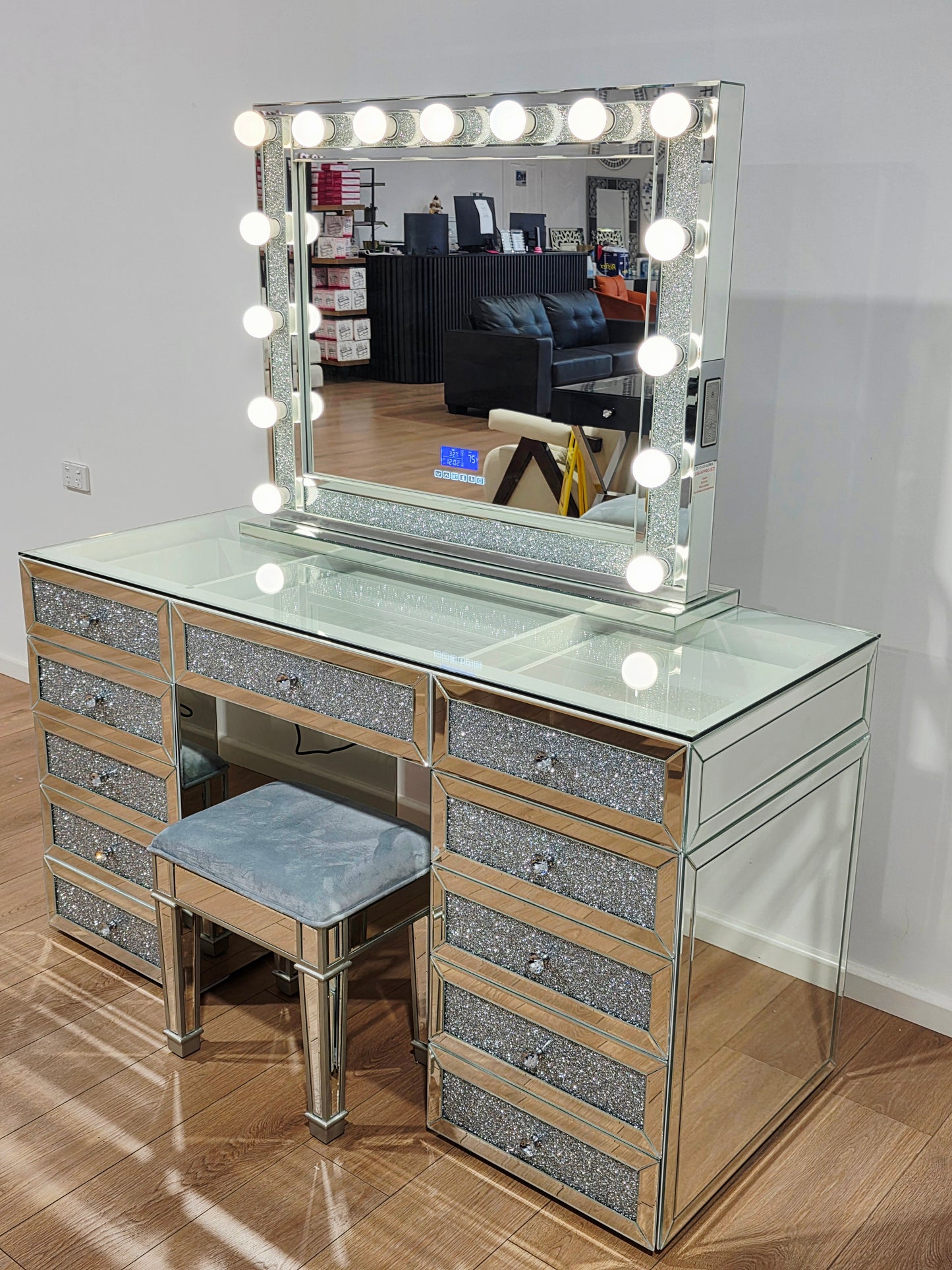 HIGH QUALITY - L150cm Crushed Diamond Beauty Station + XL Shine Makeup Mirror with Bluetooth Speakers + Mirrored Stool
