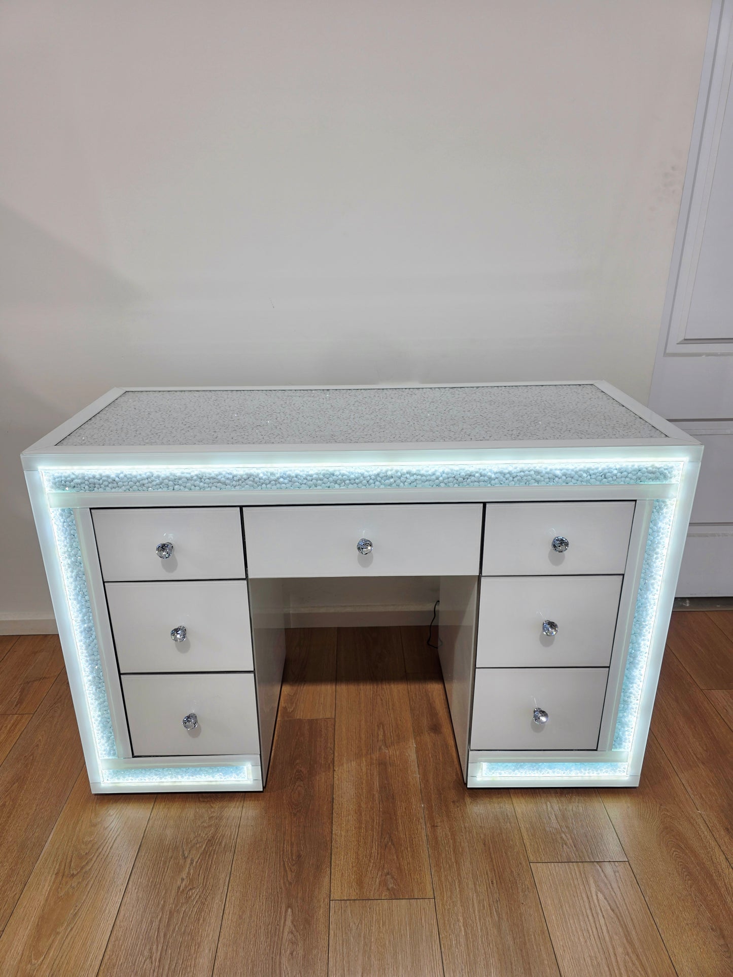 Package Sale: 7 Drawers White Mirrored Makeup Table with Crystal Top + XL Crystal Makeup Mirror with Sensor Dimmer + Furry Top Acrylic Stool