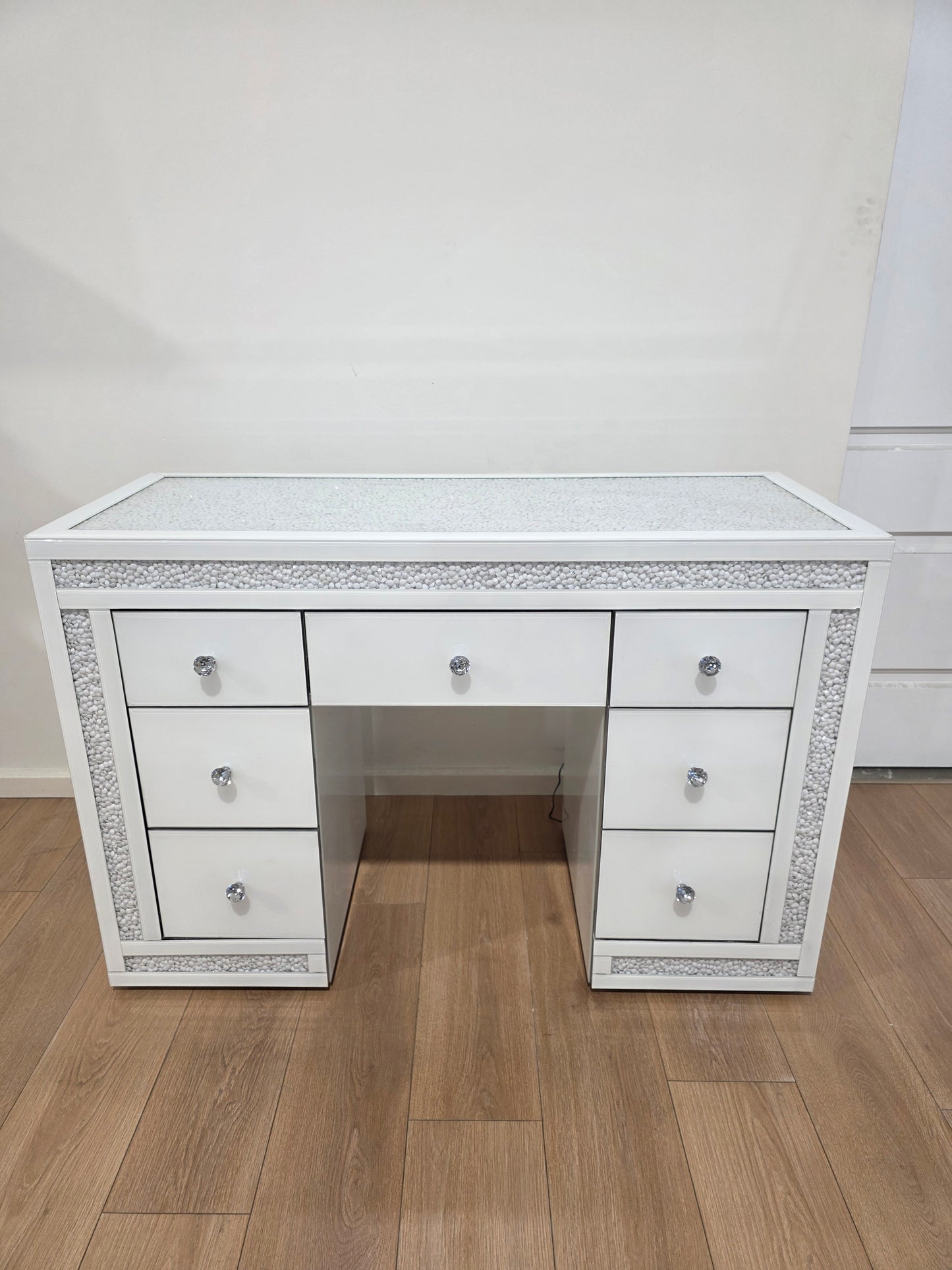 Package Sale: 7 Drawers White Mirrored Makeup Table with Crystal Top + XL Crystal Makeup Mirror with Sensor Dimmer + Furry Top Acrylic Stool
