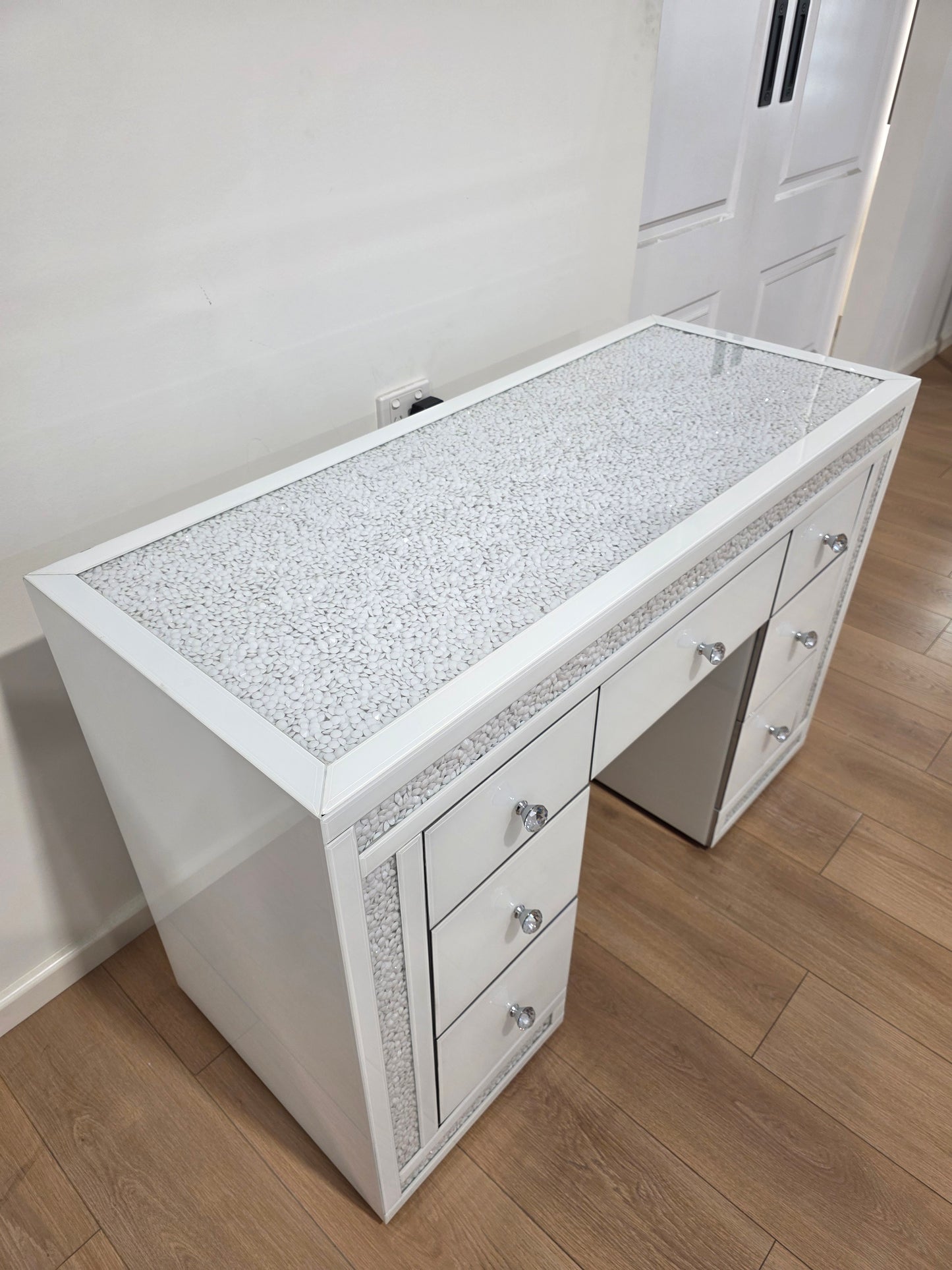 Package Sale: 7 Drawers White Mirrored Makeup Table with Crystal Top + XL Crystal Makeup Mirror with Sensor Dimmer + Furry Top Acrylic Stool