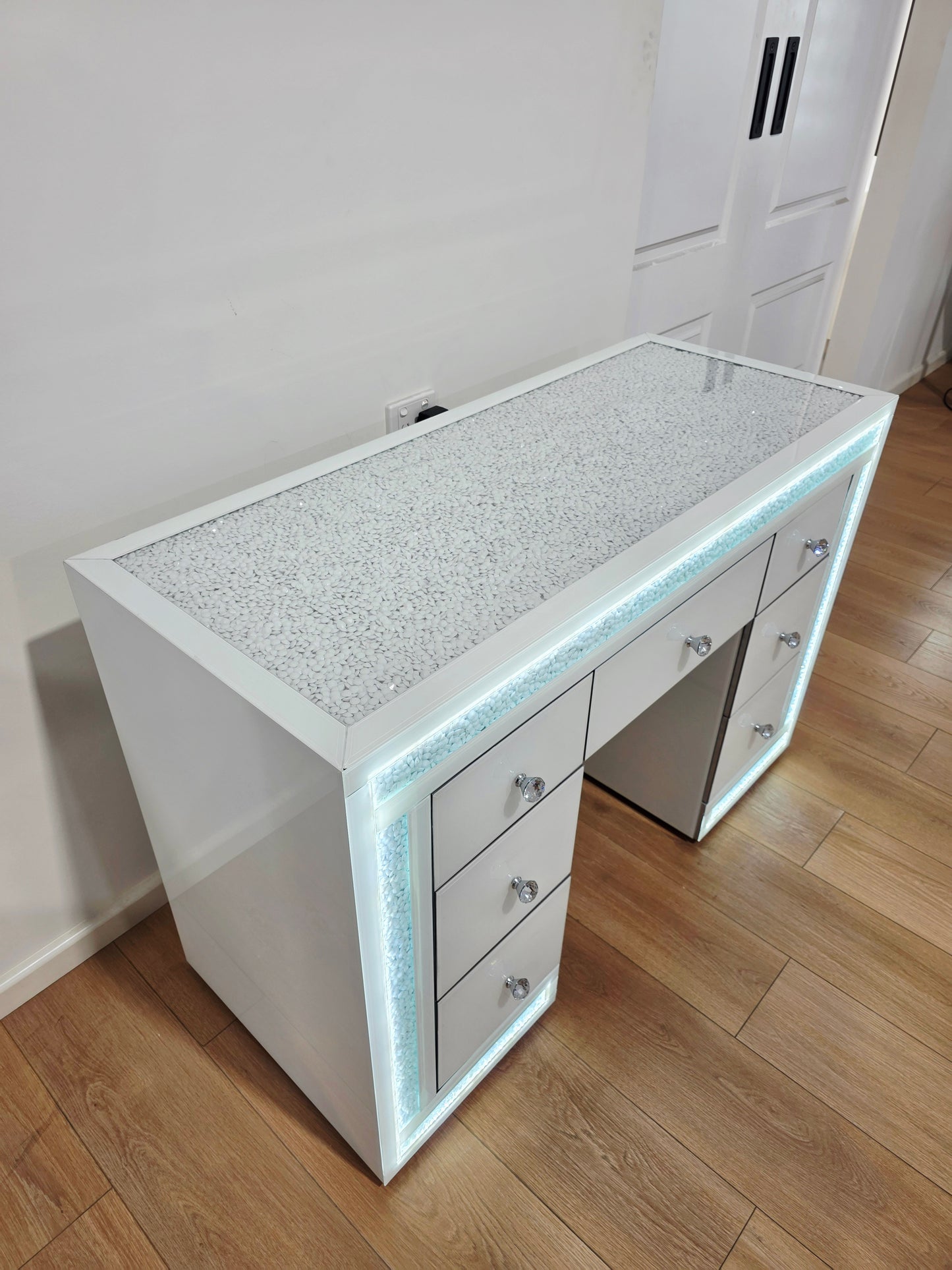 Package Sale: 7 Drawers White Mirrored Makeup Table with Crystal Top + XL Crystal Makeup Mirror with Sensor Dimmer + Furry Top Acrylic Stool