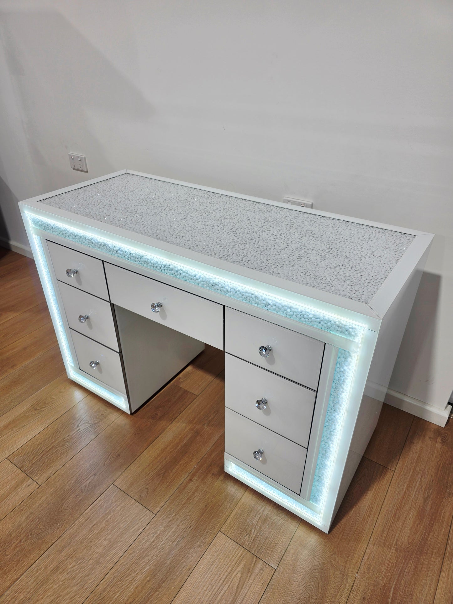 Package Sale: 7 Drawers White Mirrored Makeup Table with Crystal Top + XL Crystal Makeup Mirror with Sensor Dimmer + Furry Top Acrylic Stool