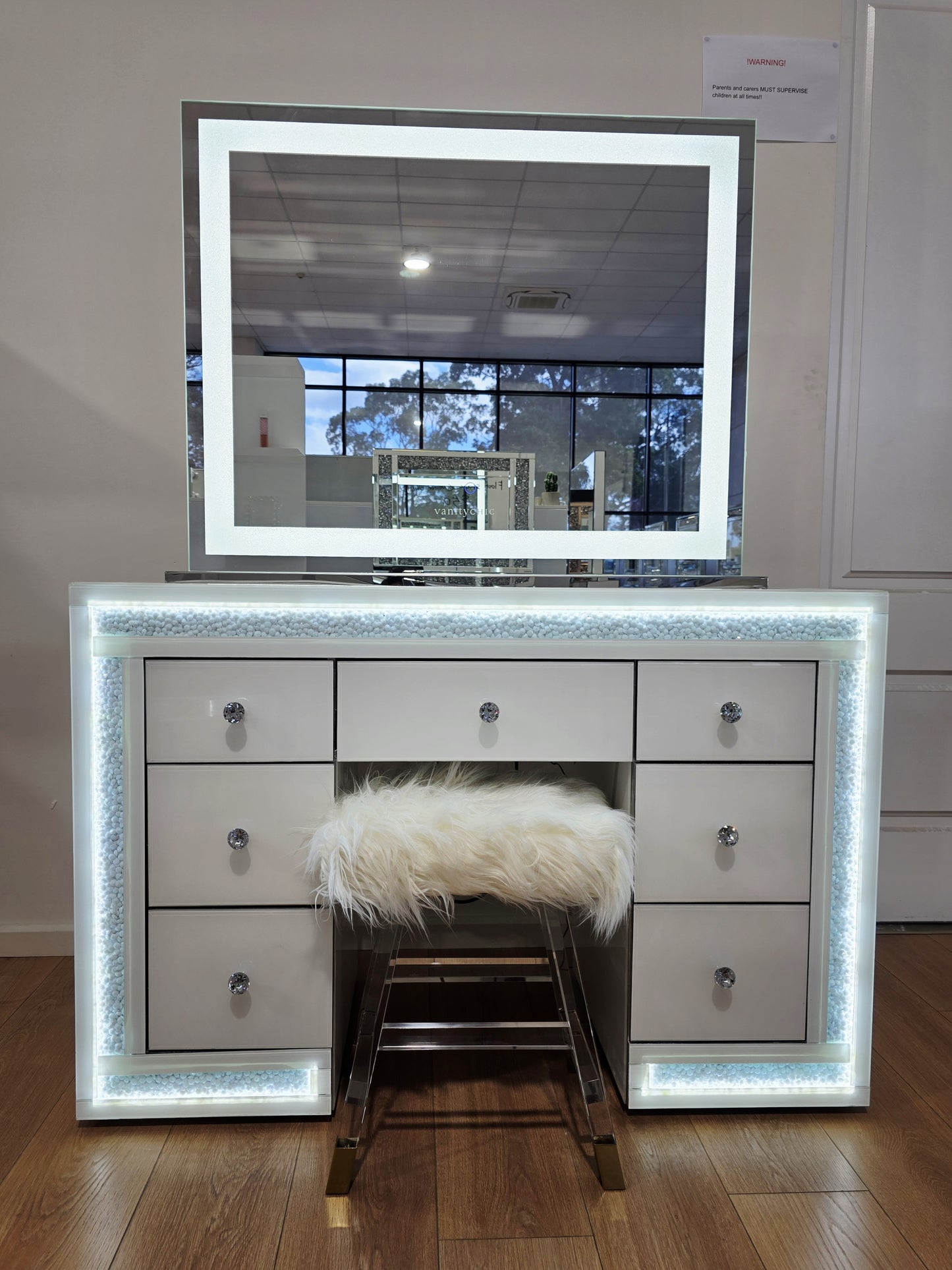 Package Sale: 7 Drawers White Mirrored Makeup Table with Crystal Top + XL Crystal Makeup Mirror with Sensor Dimmer + Furry Top Acrylic Stool