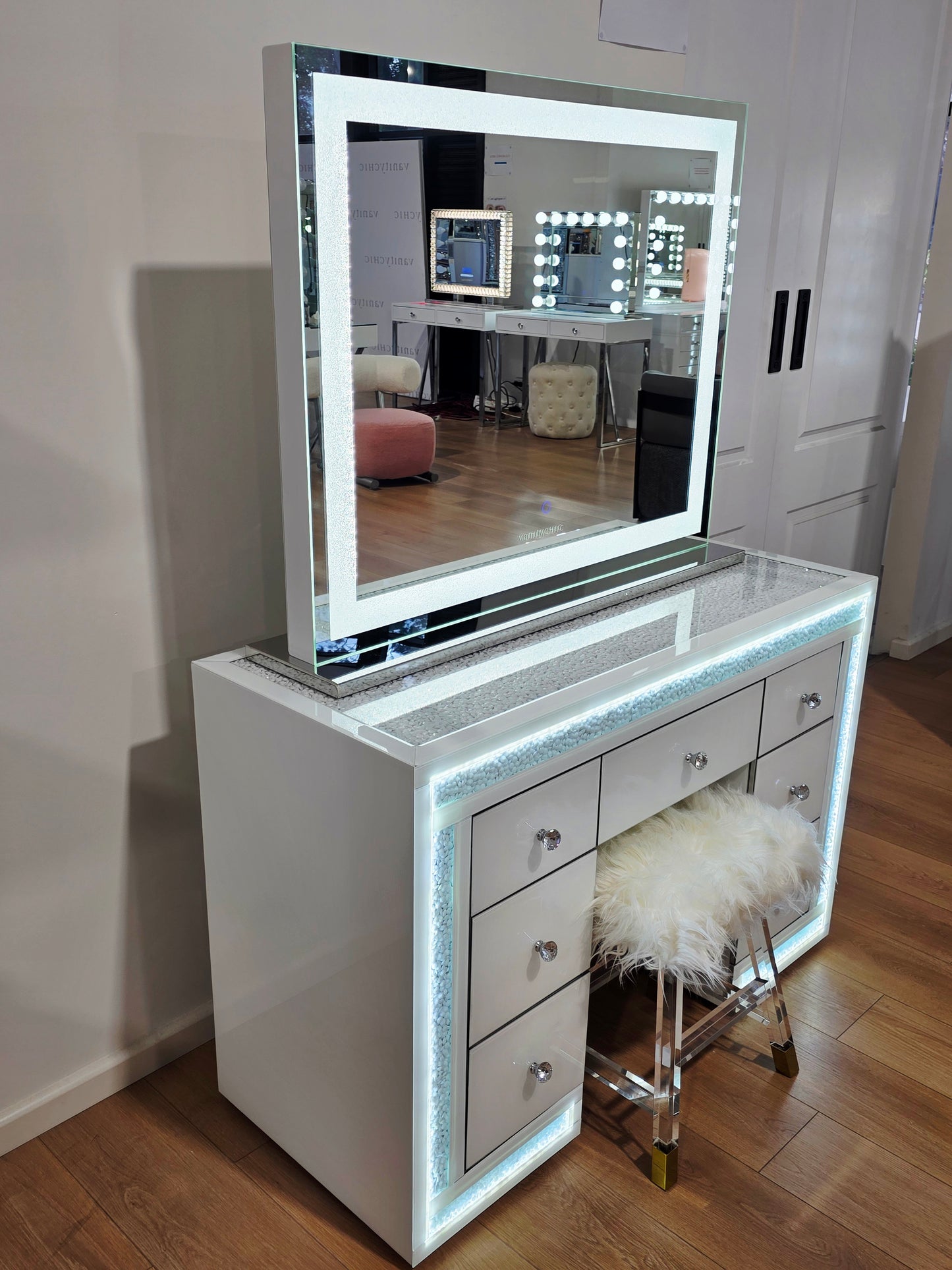 Package Sale: 7 Drawers White Mirrored Makeup Table with Crystal Top + XL Crystal Makeup Mirror with Sensor Dimmer + Furry Top Acrylic Stool