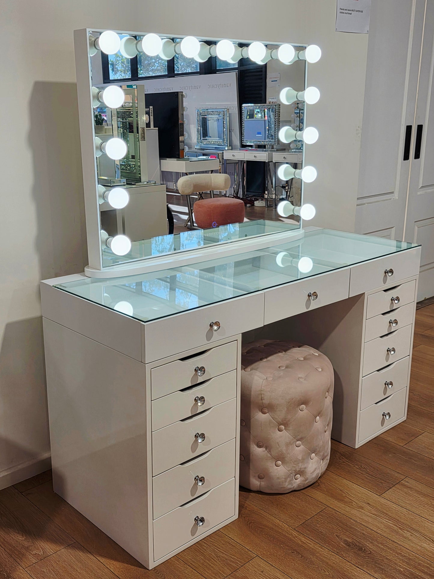 Package Sale: L150cm Beauty Station with Clear Glass Top + XL Ysabel Makeup Mirror with Sensor Dimmer/Tri-lightings + Alexa Pink Ottoman