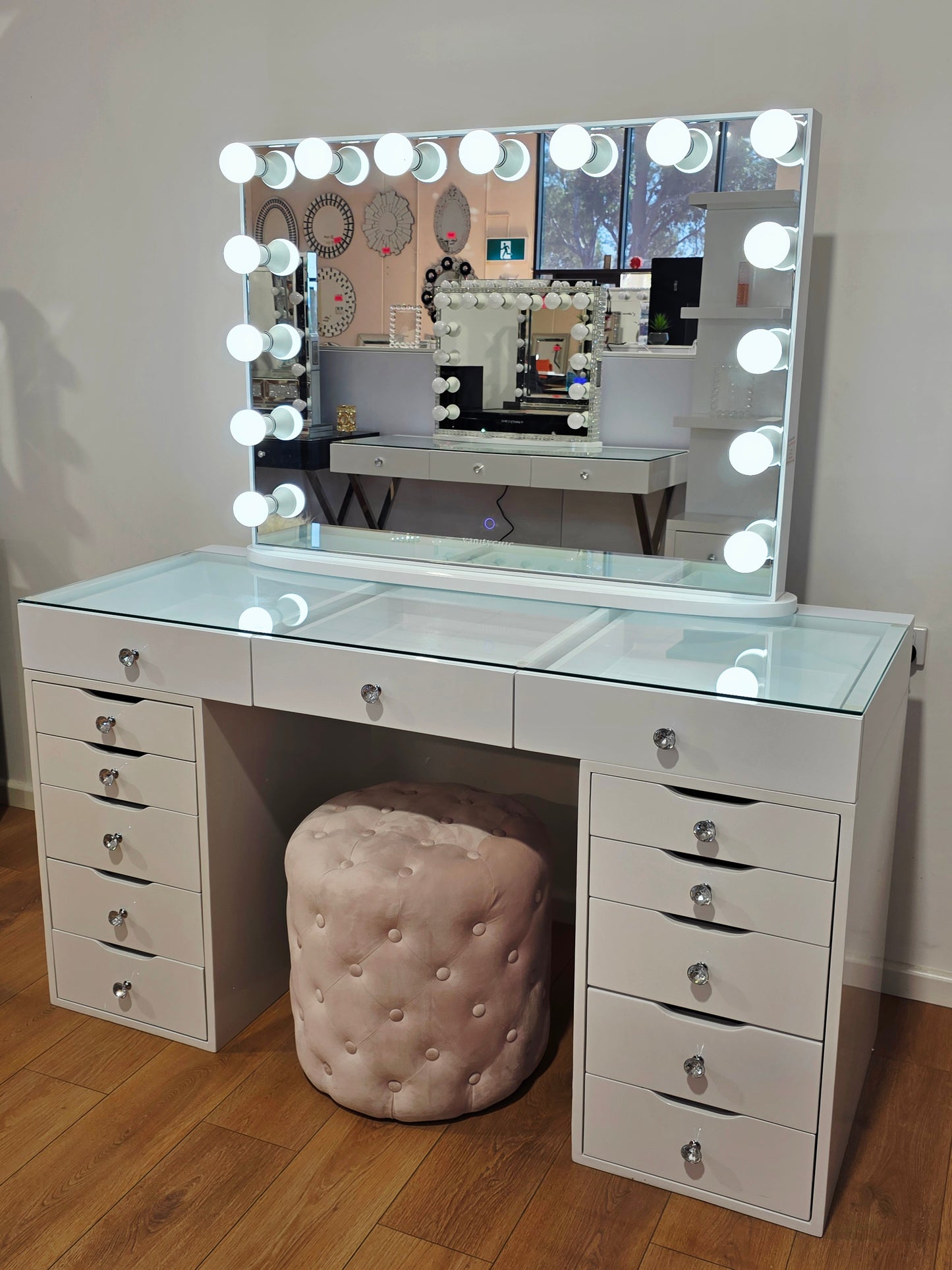 Package Sale: L150cm Beauty Station with Clear Glass Top + XL Ysabel Makeup Mirror with Sensor Dimmer/Tri-lightings + Alexa Pink Ottoman