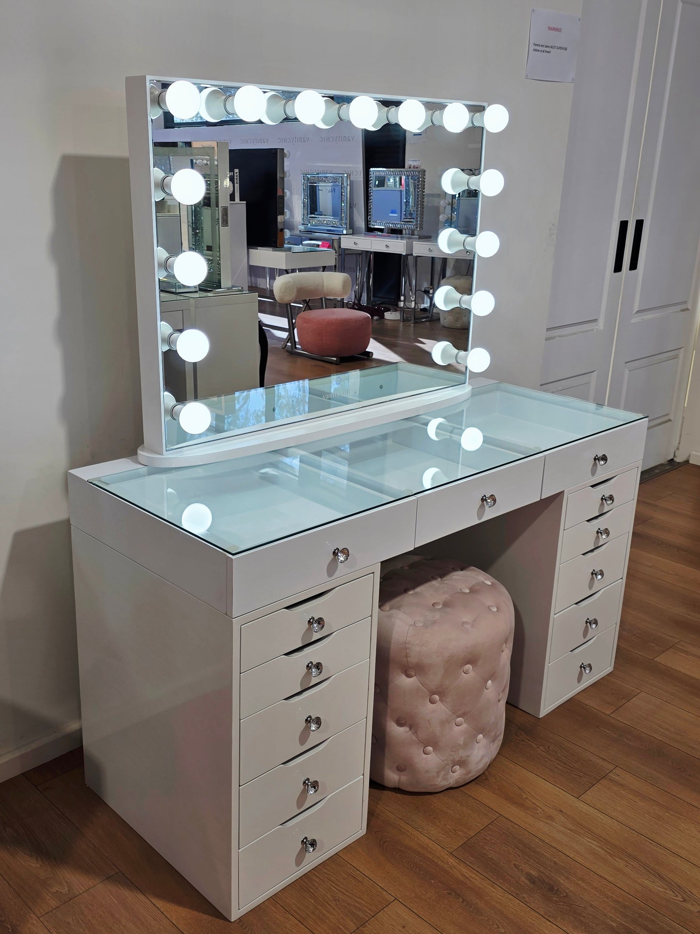 Package Sale: L150cm Beauty Station with Clear Glass Top + XL Ysabel Makeup Mirror with Sensor Dimmer/Tri-lightings + Alexa Pink Ottoman