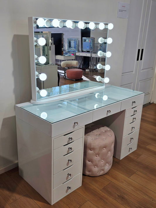 Package Sale: L150cm Beauty Station with Clear Glass Top + XL Ysabel Makeup Mirror with Sensor Dimmer/Tri-lightings + Alexa Pink Ottoman