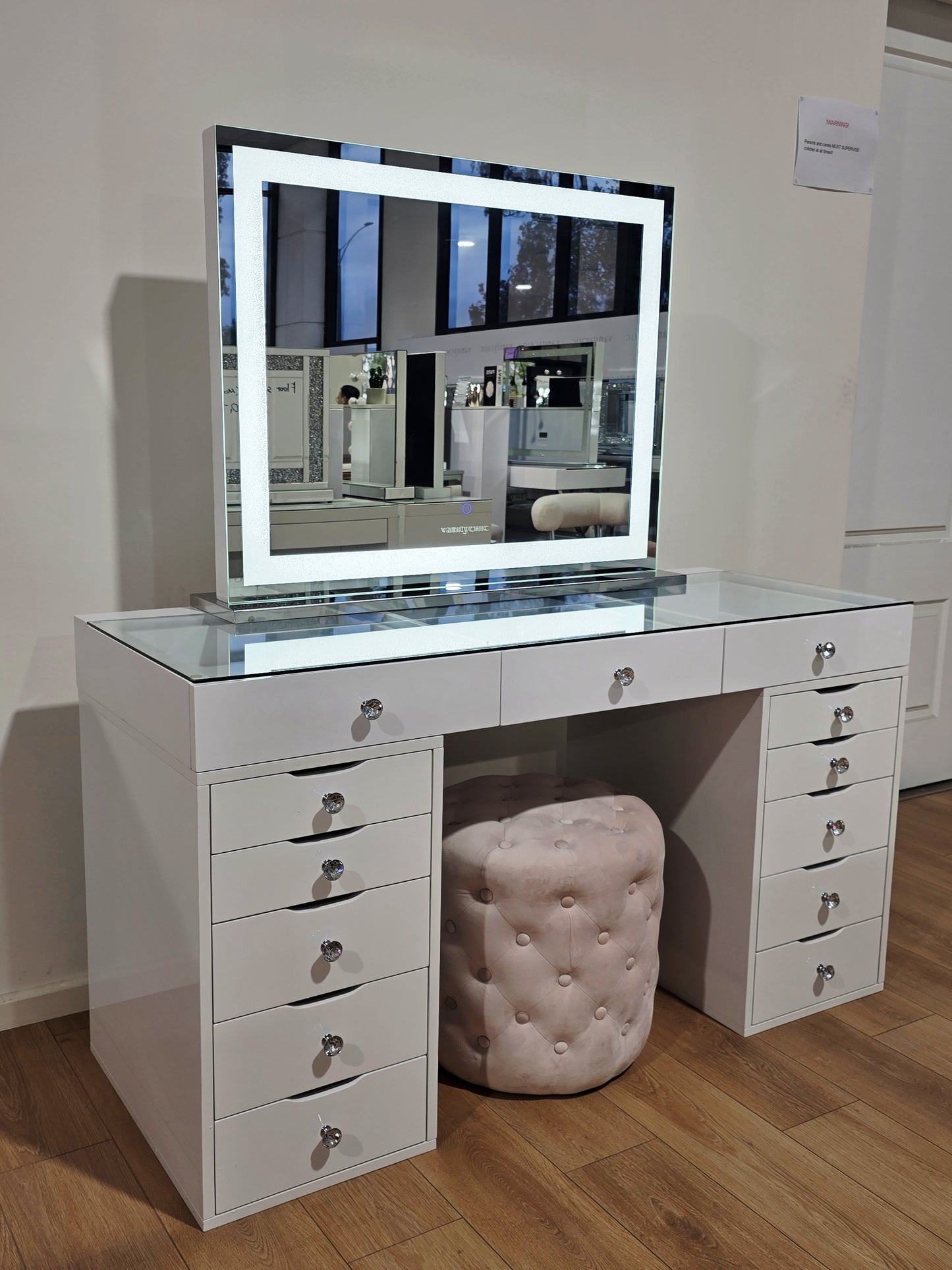 Package Sale: L150cm White Beauty Station with Clear Glass Top + XL Crystal Makeup Mirror with Sensor Dimmer + Alexa Pink Ottoman