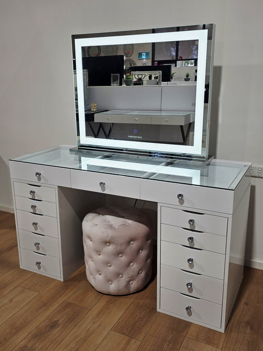 Package Sale: L150cm White Beauty Station with Clear Glass Top + XL Crystal Makeup Mirror with Sensor Dimmer + Alexa Pink Ottoman