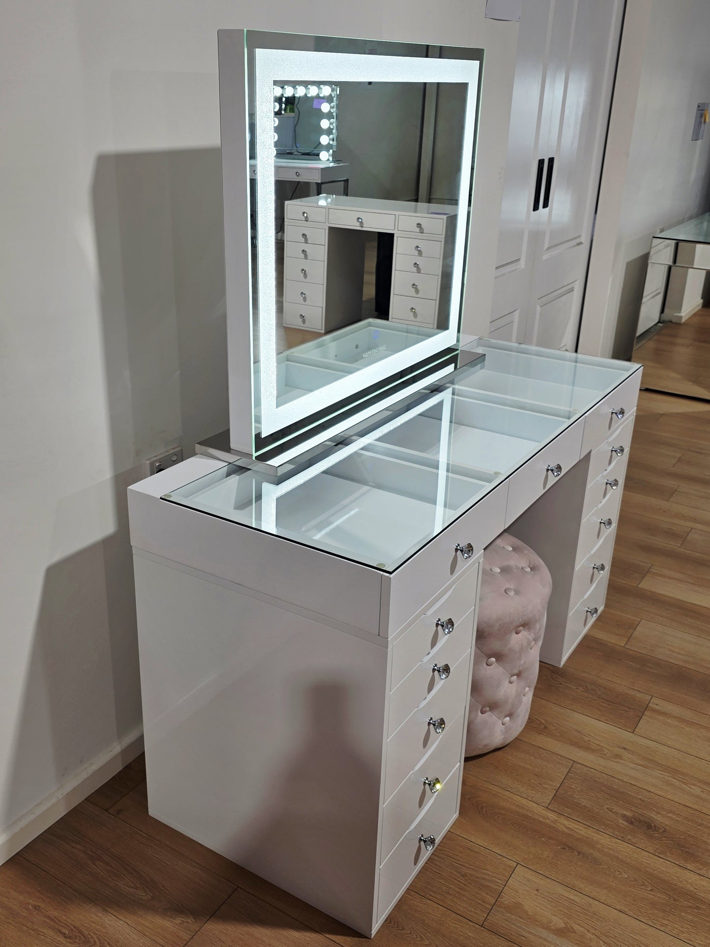 Package Sale: L150cm White Beauty Station with Clear Glass Top + XL Crystal Makeup Mirror with Sensor Dimmer + Alexa Pink Ottoman