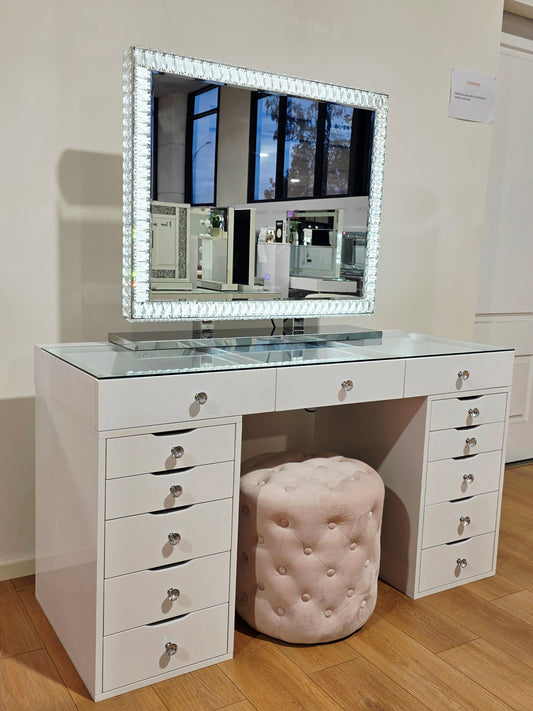 Package Sale:  L150cm White Beauty Station with Clear Glass Top + XL DiamondX Hollywood Makeup Mirror with Sensor Dimmer + Alexa Pink Ottoman