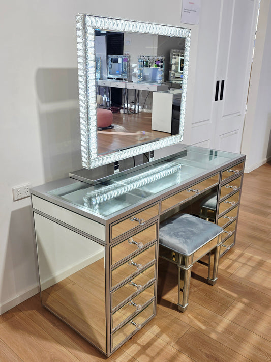 Package Sale: L150cm Mirrored Beauty Station with Clear Glass Top + XL DiamondX Makeup Mirror with Sensor Dimmer/Tri-Lighting + Mirrored Stool
