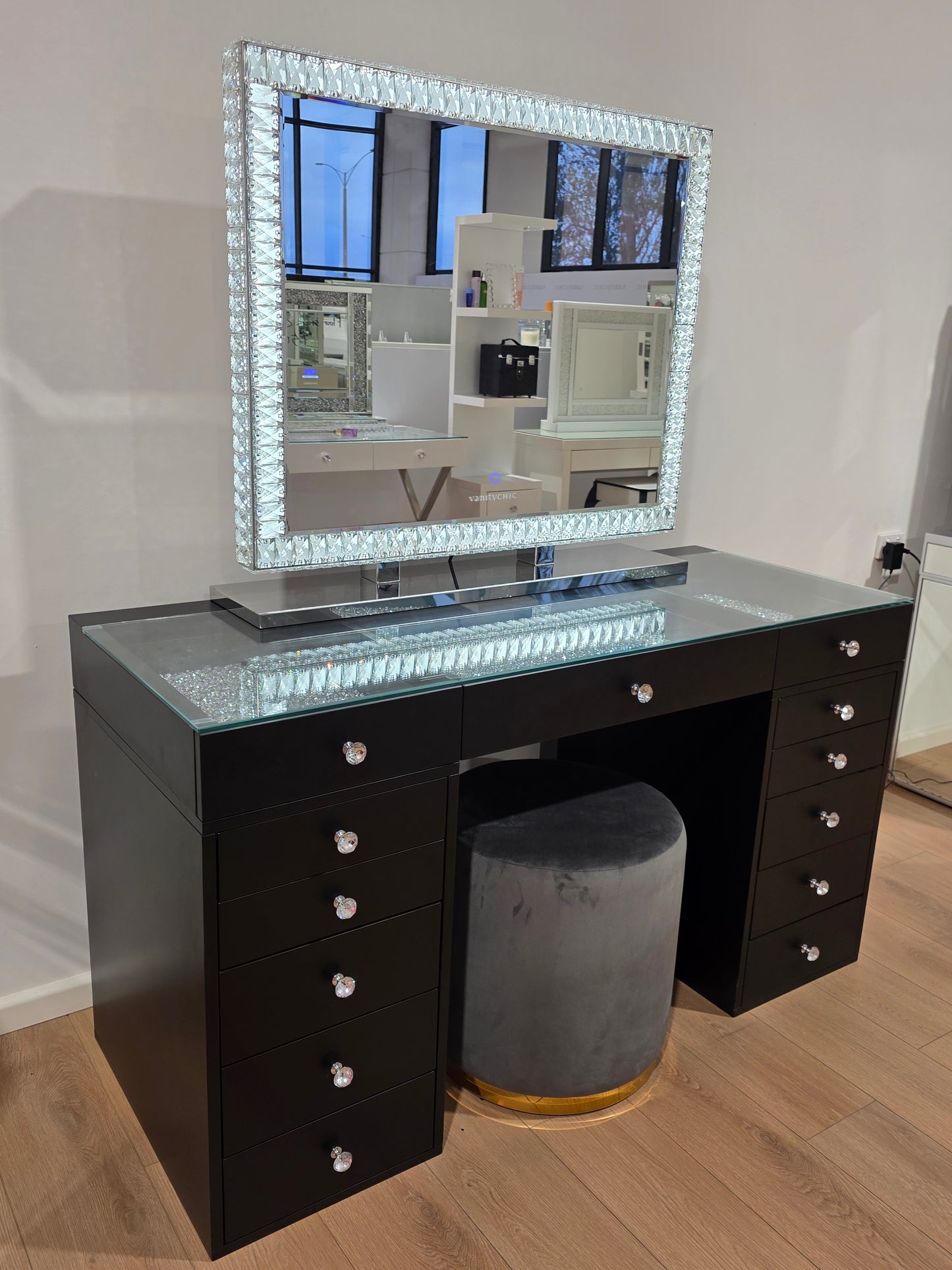 HIGH QUALITY - Mila Rose Beauty Station + XL DiamondX Hollywood Makeup Mirror with Sensor Dimmer/Tri-Lighting + Jorja Charcoal Ottoman