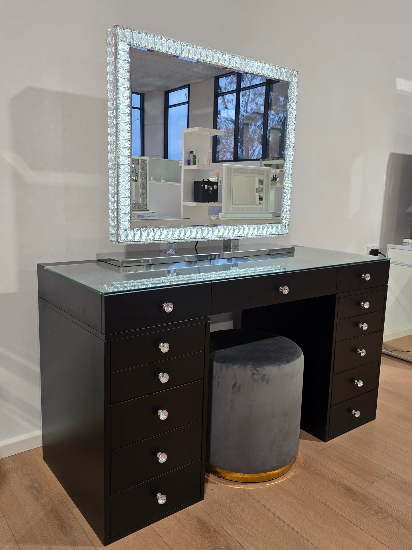 HIGH QUALITY - Mila Rose Beauty Station + XL DiamondX Hollywood Makeup Mirror with Sensor Dimmer/Tri-Lighting + Jorja Charcoal Ottoman
