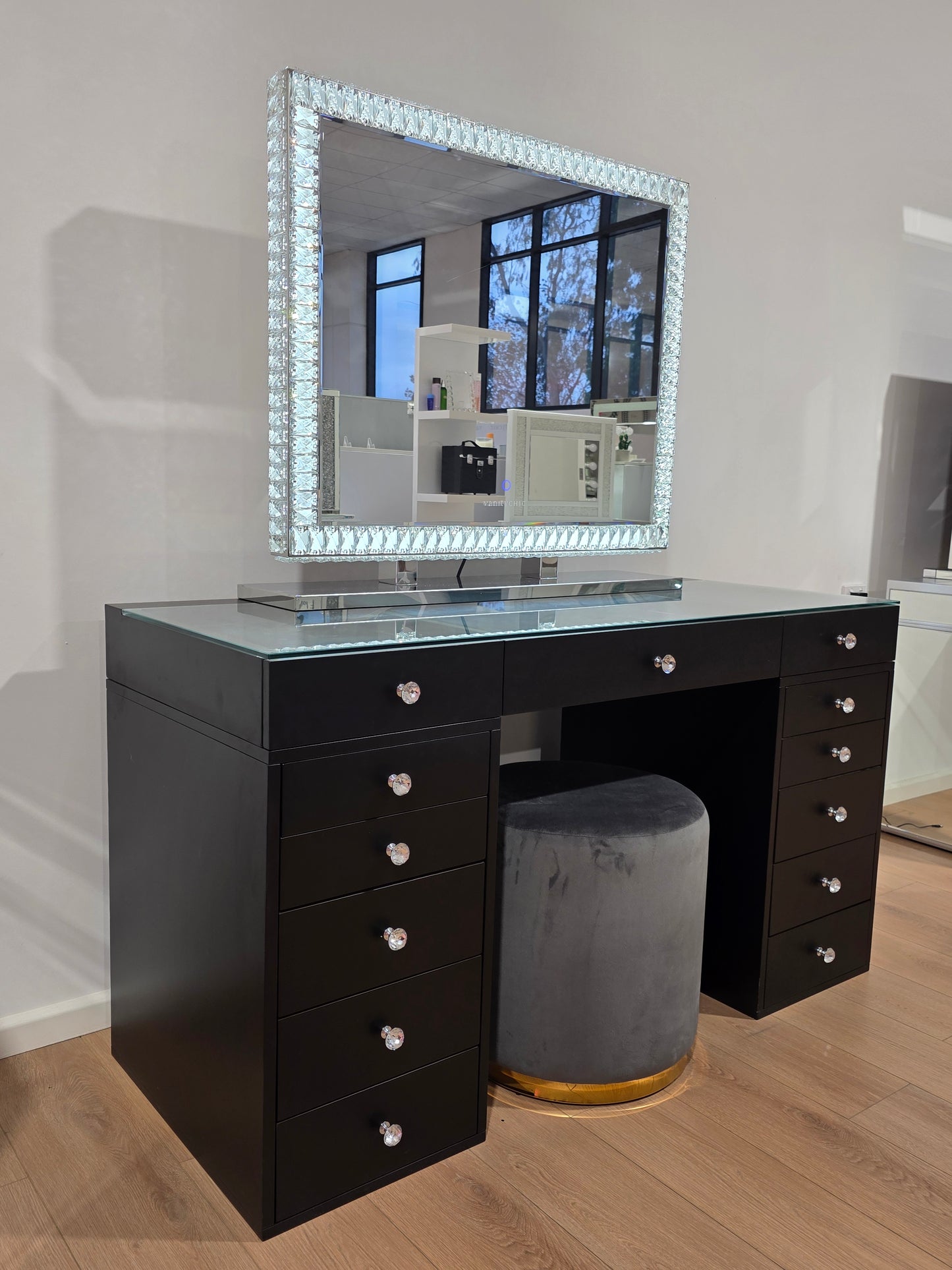HIGH QUALITY - Mila Rose Beauty Station + XL DiamondX Hollywood Makeup Mirror with Sensor Dimmer/Tri-Lighting + Jorja Charcoal Ottoman