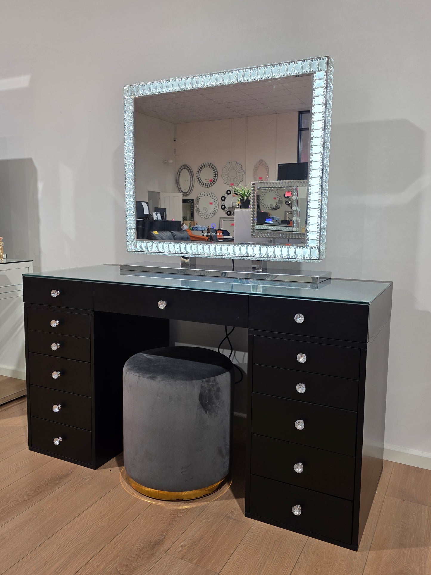 HIGH QUALITY - Mila Rose Beauty Station + XL DiamondX Hollywood Makeup Mirror with Sensor Dimmer/Tri-Lighting + Jorja Charcoal Ottoman