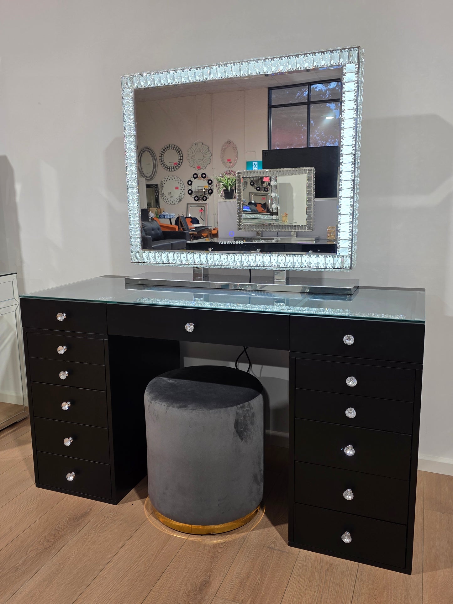 HIGH QUALITY - Mila Rose Beauty Station + XL DiamondX Hollywood Makeup Mirror with Sensor Dimmer/Tri-Lighting + Jorja Charcoal Ottoman