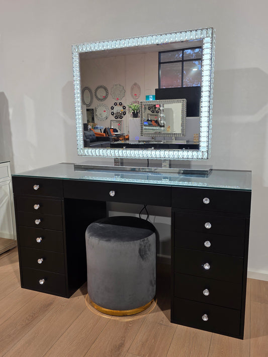 HIGH QUALITY - Mila Rose Beauty Station + XL DiamondX Hollywood Makeup Mirror with Sensor Dimmer/Tri-Lighting + Jorja Charcoal Ottoman