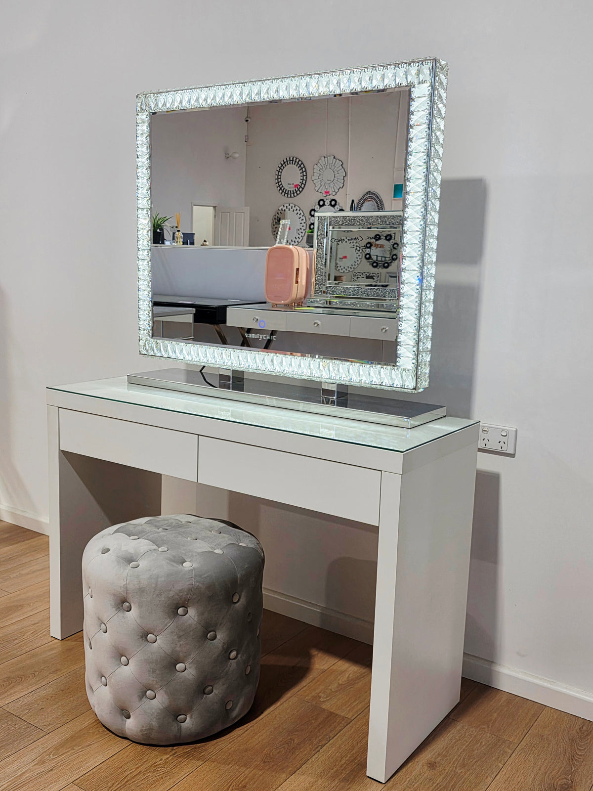 Package Sale: Clearance - 2 Drawers Vera Table + XL DiamondX Makeup Mirror with Tri-Lighting + Alexa Grey Ottoman