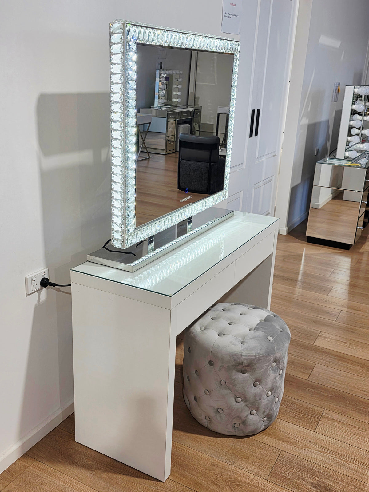 Package Sale: Clearance - 2 Drawers Vera Table + XL DiamondX Makeup Mirror with Tri-Lighting + Alexa Grey Ottoman