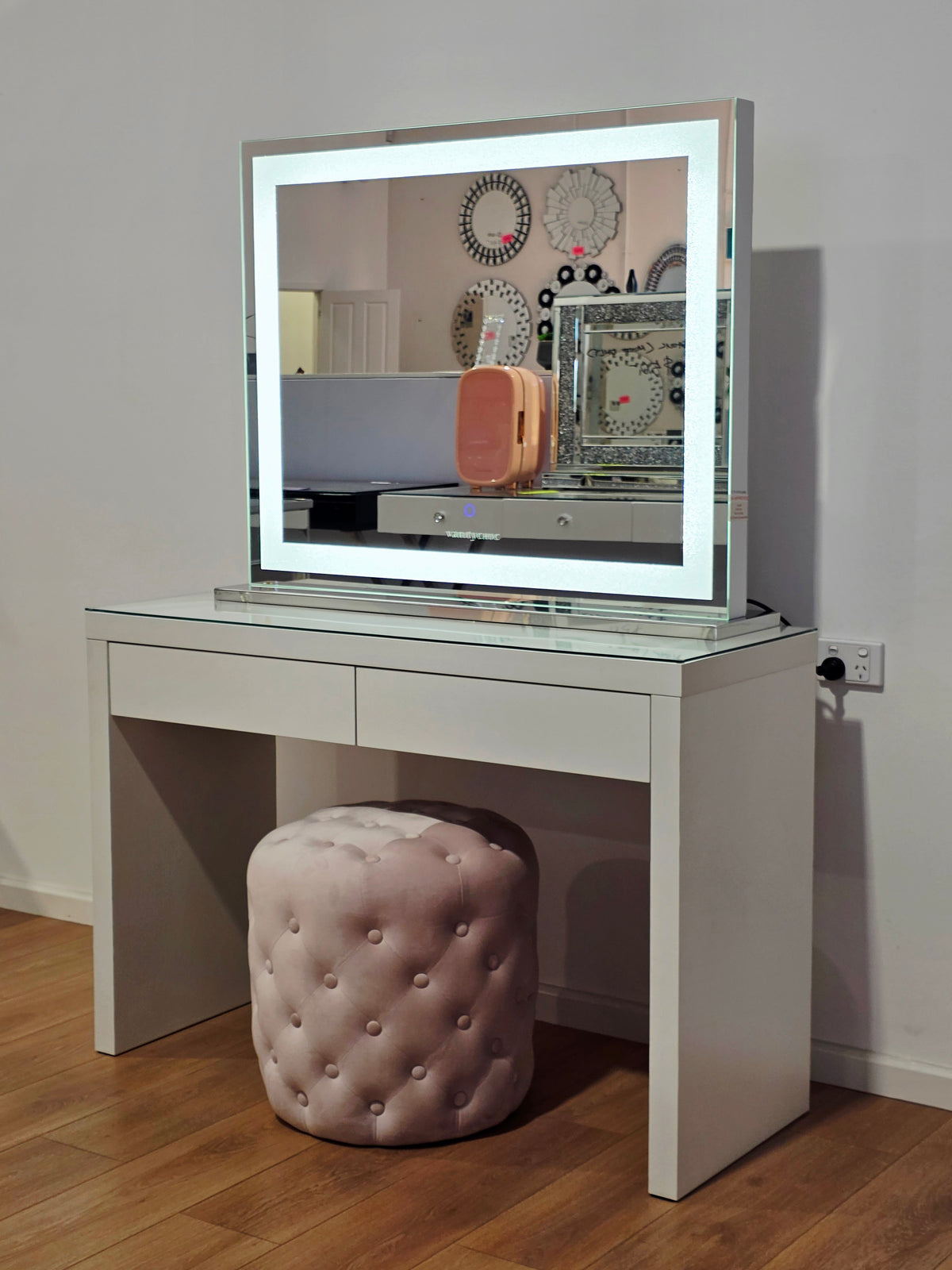 Package Sale: Clearance - 2 Drawers Vera Table + XL Crystal Makeup Mirror with Tri-Lighting + Alexa Pink Ottoman