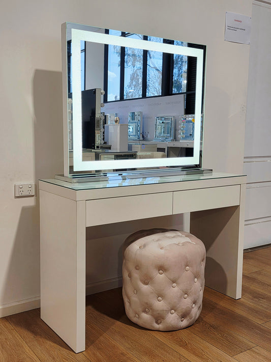 Package Sale: Clearance - 2 Drawers Vera Table + XL Crystal Makeup Mirror with Tri-Lighting + Alexa Pink Ottoman