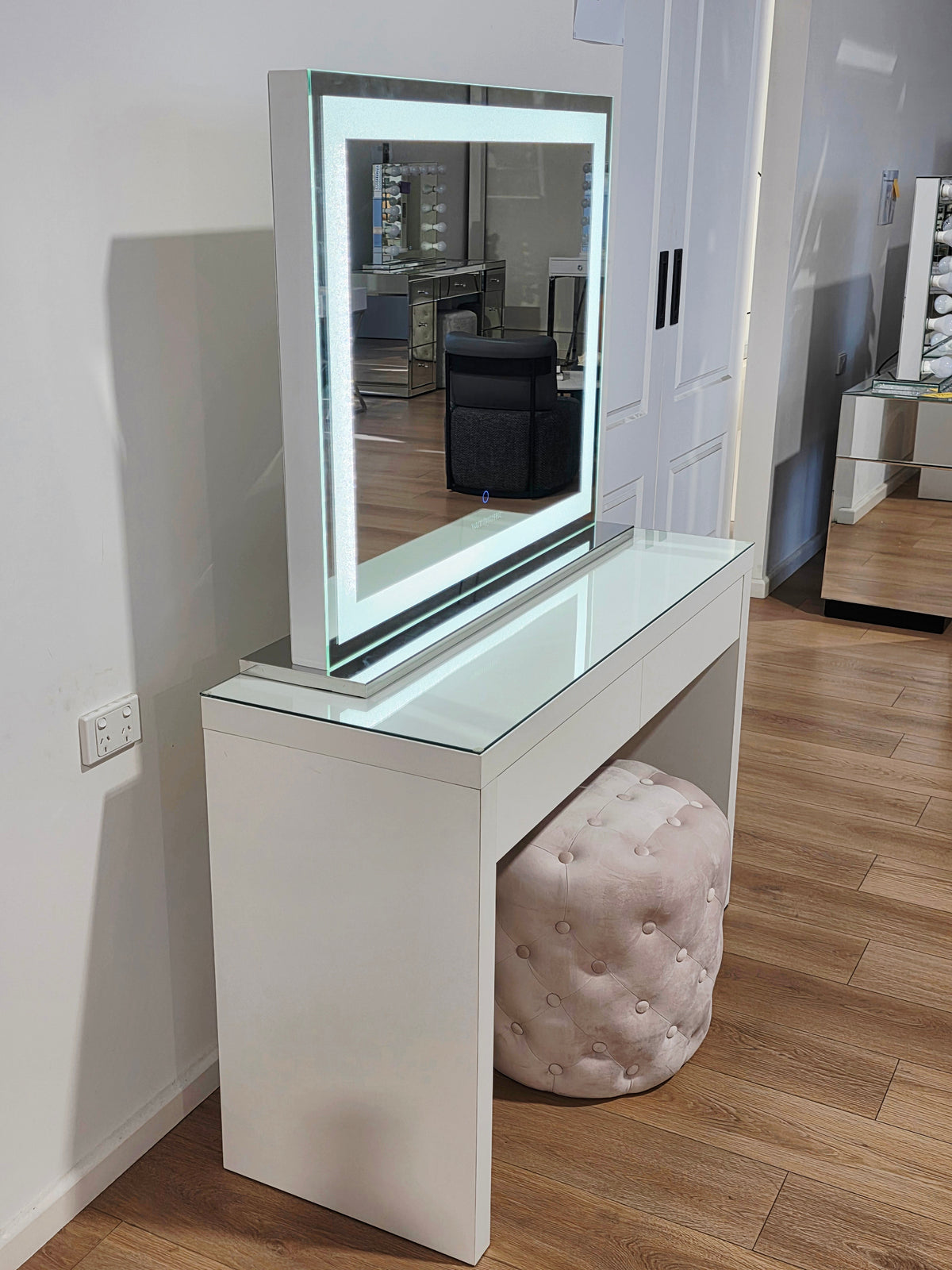 Package Sale: Clearance - 2 Drawers Vera Table + XL Crystal Makeup Mirror with Tri-Lighting + Alexa Pink Ottoman