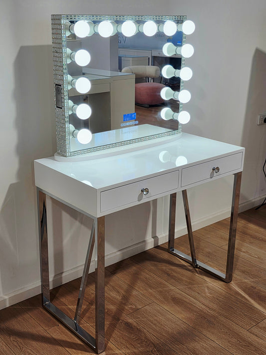 PREMIUM QUALITY - Charlotte Makeup Table + Large Frameless Hollywood Makeup Mirror with Bluetooth Speakers/Tri-Lighting