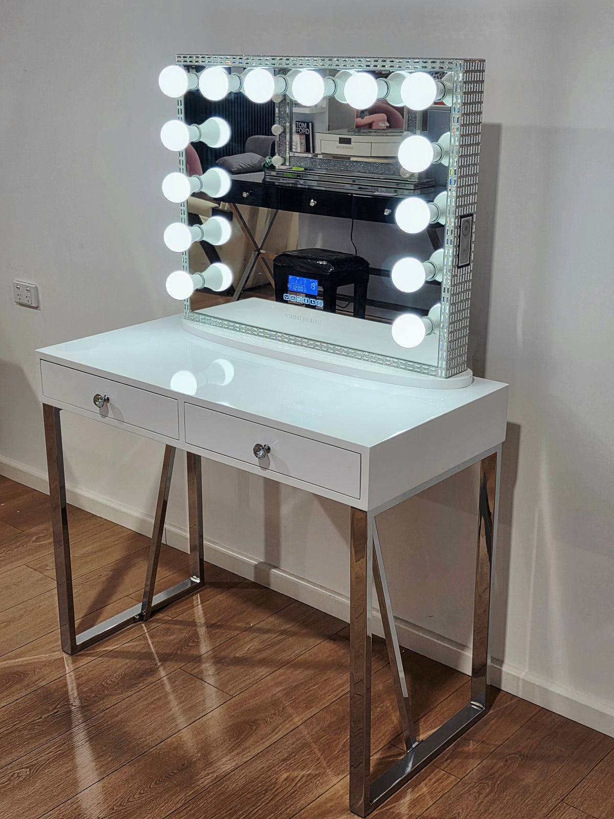 PREMIUM QUALITY - Charlotte Makeup Table + Large Frameless Hollywood Makeup Mirror with Bluetooth Speakers/Tri-Lighting