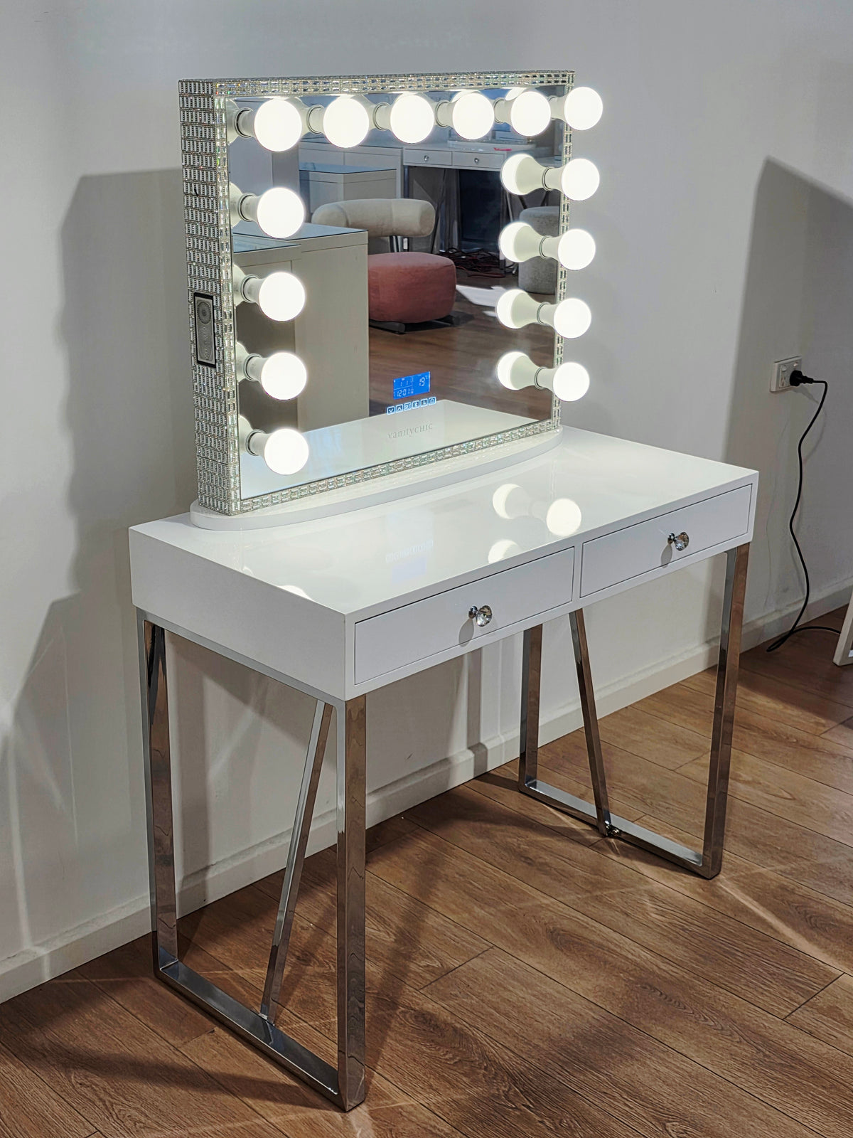 PREMIUM QUALITY - Charlotte Makeup Table + Large Frameless Hollywood Makeup Mirror with Bluetooth Speakers/Tri-Lighting